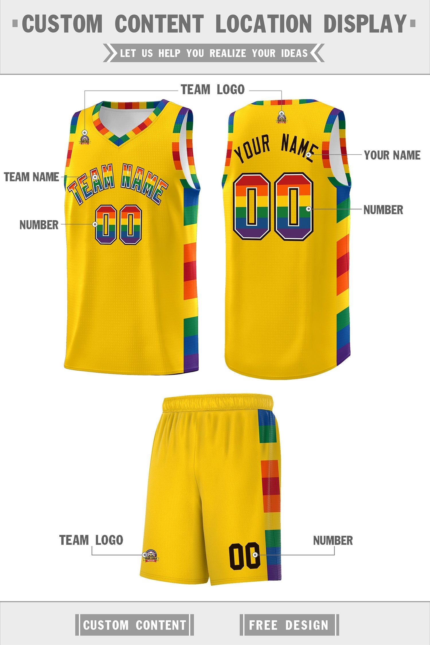 Custom Gold LGBT Rainbow For Pride Month Sports Uniform Basketball Jersey