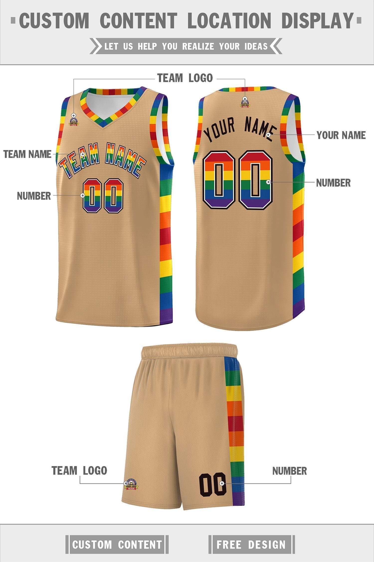 Custom Old Gold LGBT Rainbow For Pride Month Sports Uniform Basketball Jersey