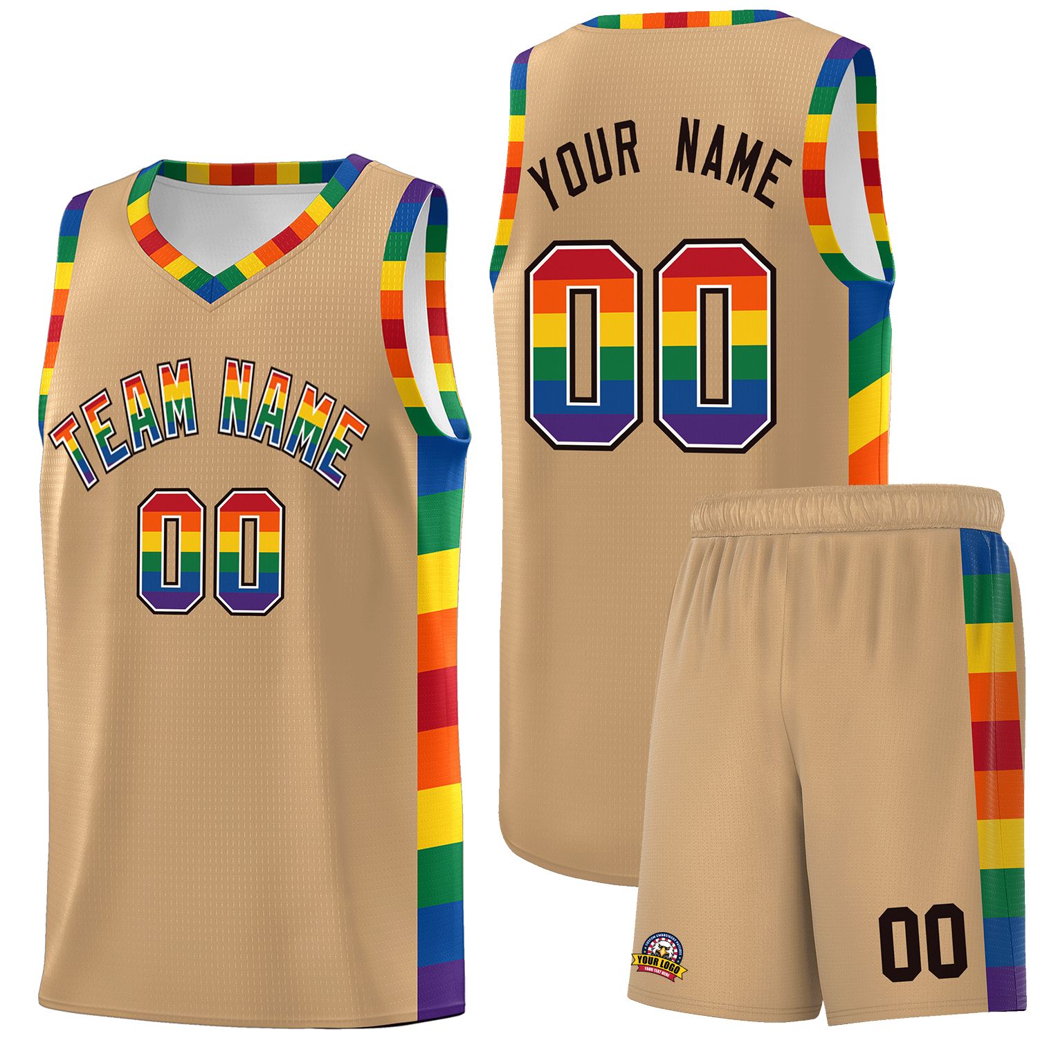 Custom Old Gold LGBT Rainbow For Pride Month Sports Uniform Basketball Jersey