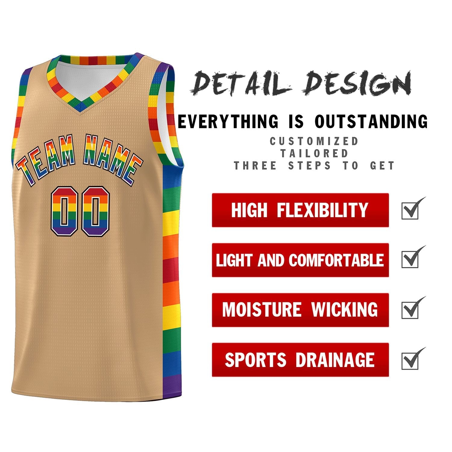 Custom Old Gold LGBT Rainbow For Pride Month Sports Uniform Basketball Jersey