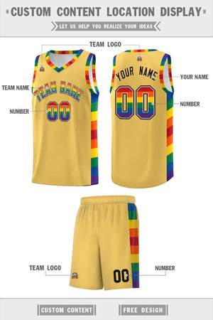 Custom Old Gold LGBT Rainbow For Pride Month Sports Uniform Basketball Jersey