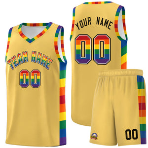 Custom Old Gold LGBT Rainbow For Pride Month Sports Uniform Basketball Jersey