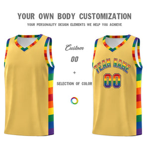 Custom Old Gold LGBT Rainbow For Pride Month Sports Uniform Basketball Jersey