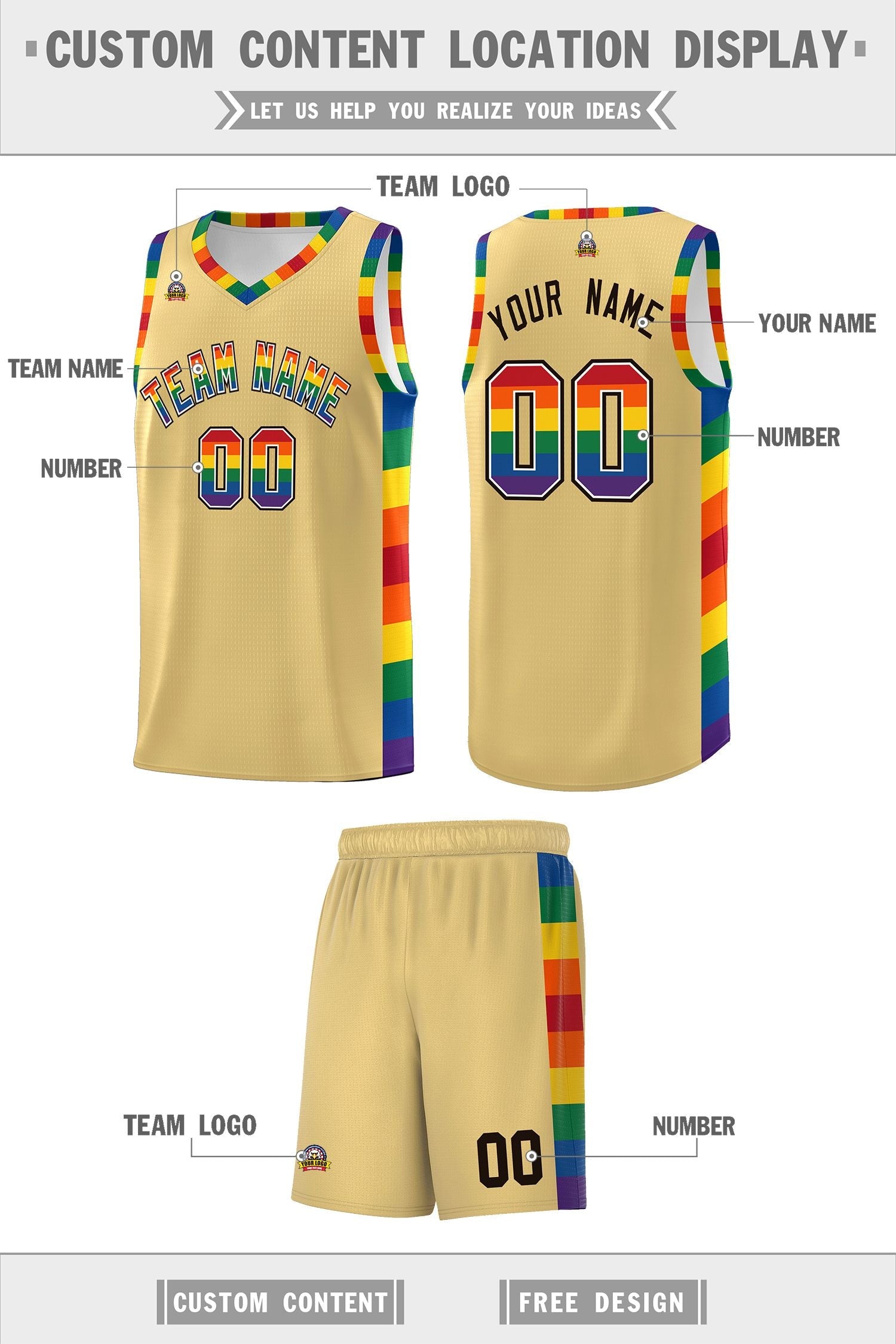 Custom Khaki LGBT Rainbow For Pride Month Sports Uniform Basketball Jersey