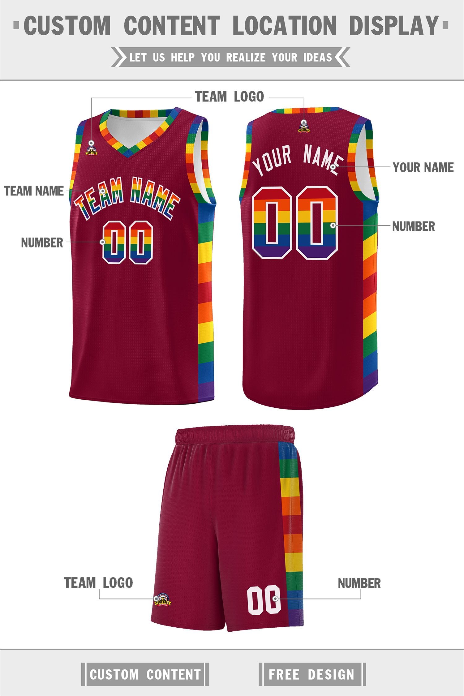 Custom Crimson LGBT Rainbow For Pride Month Sports Uniform Basketball Jersey