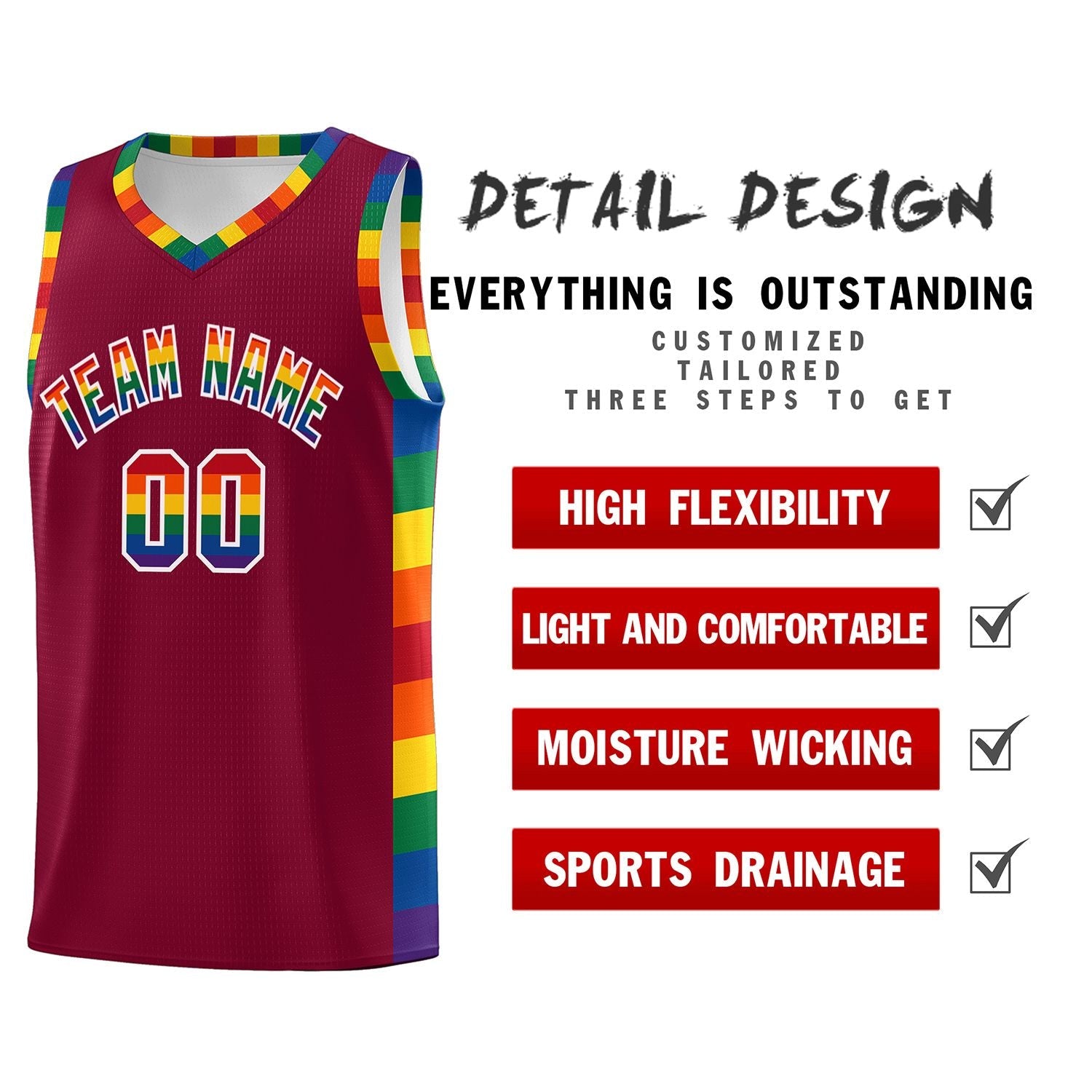 Custom Crimson LGBT Rainbow For Pride Month Sports Uniform Basketball Jersey