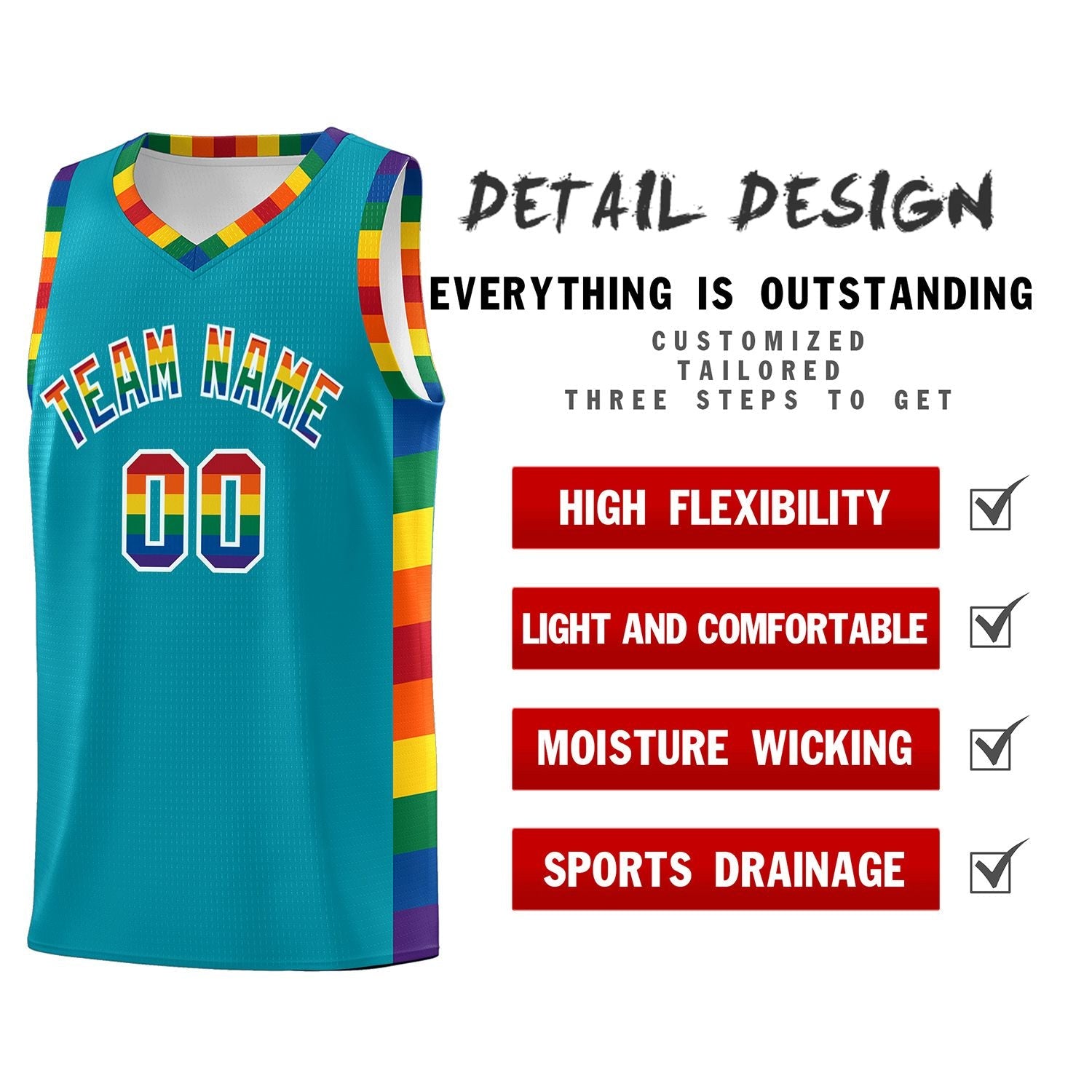 Custom Aqua LGBT Rainbow For Pride Month Sports Uniform Basketball Jersey