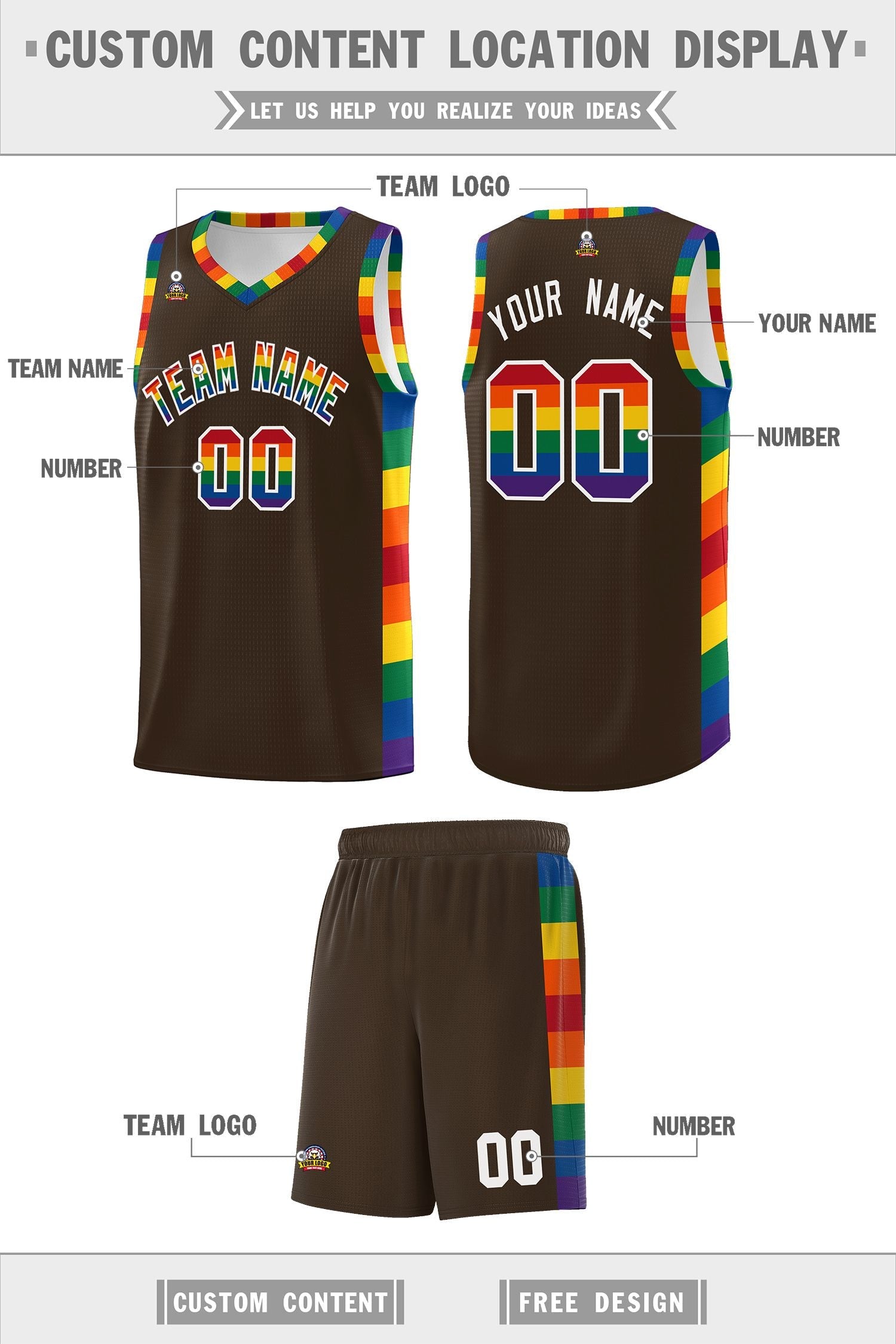 Custom Brown LGBT Rainbow For Pride Month Sports Uniform Basketball Jersey