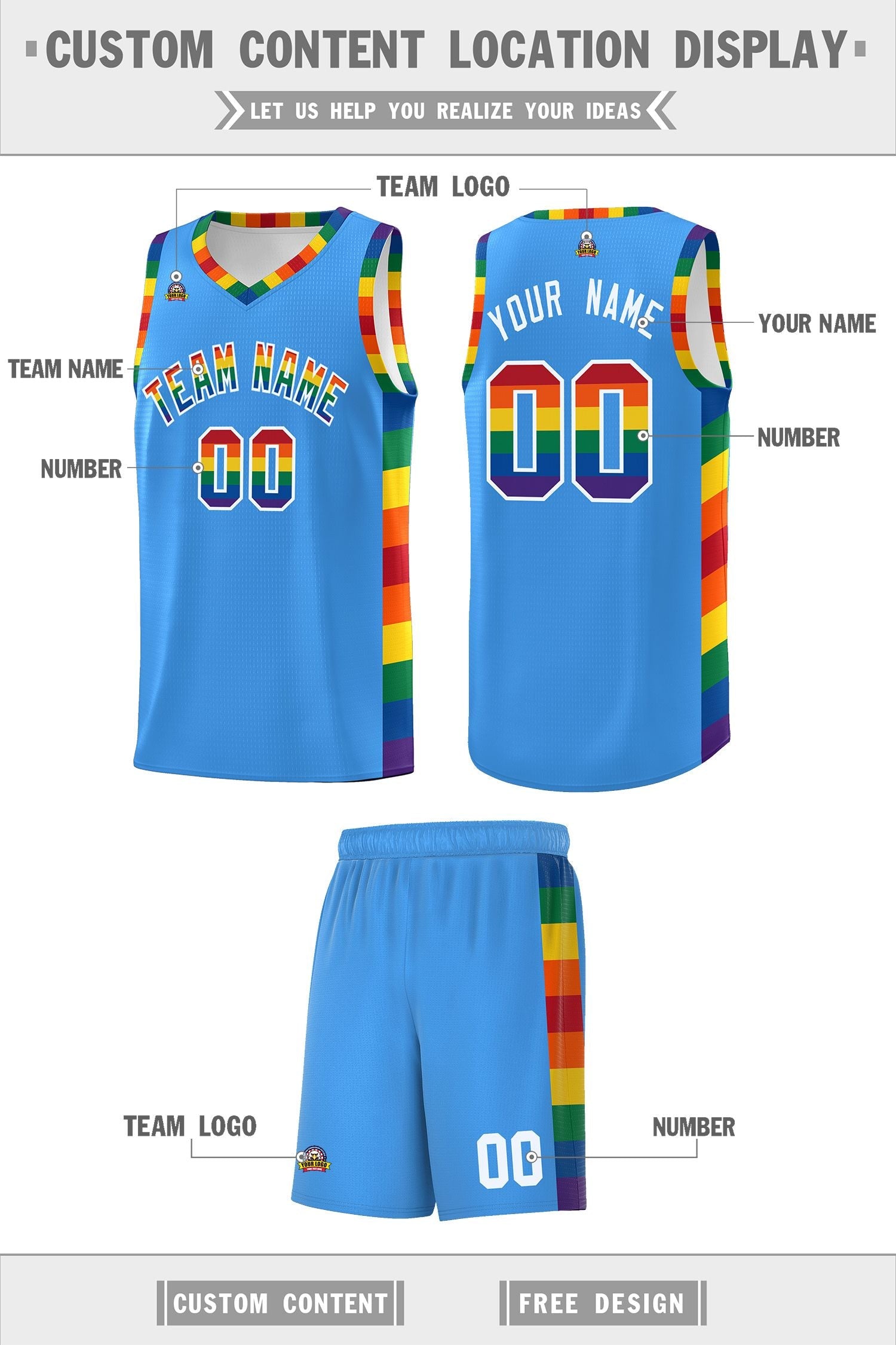 Custom Powder Blue LGBT Rainbow For Pride Month Sports Uniform Basketball Jersey