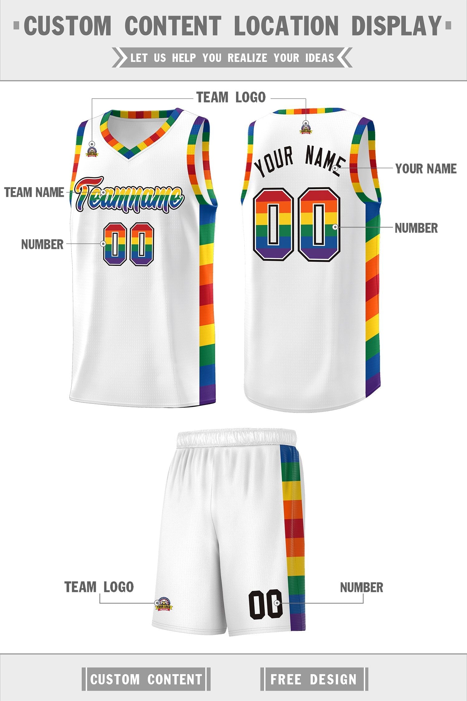 Custom White LGBT Rainbow For Pride Month Sports Uniform Basketball Jersey