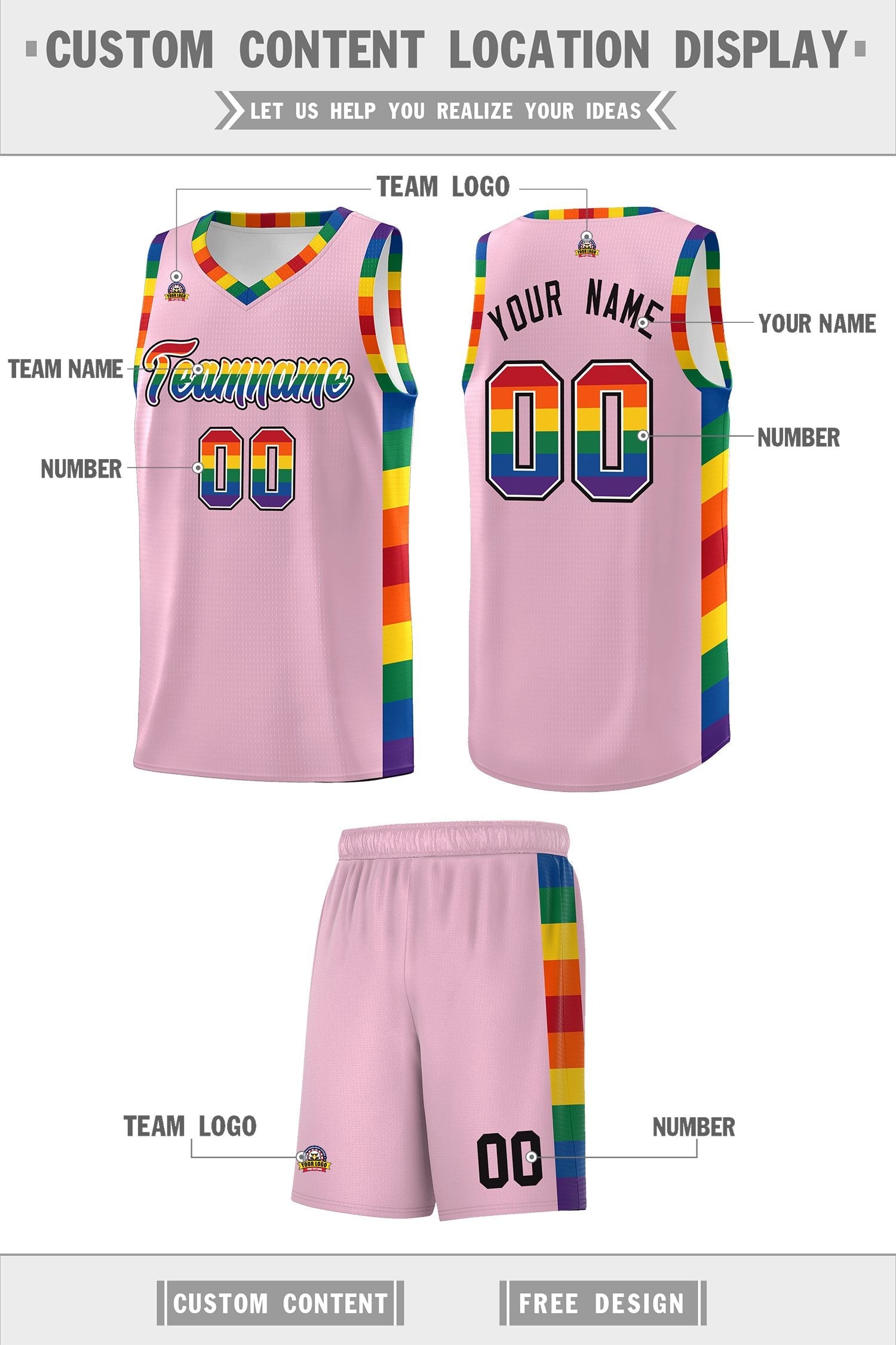 Custom Light Pink LGBT Rainbow For Pride Month Sports Uniform Basketball Jersey