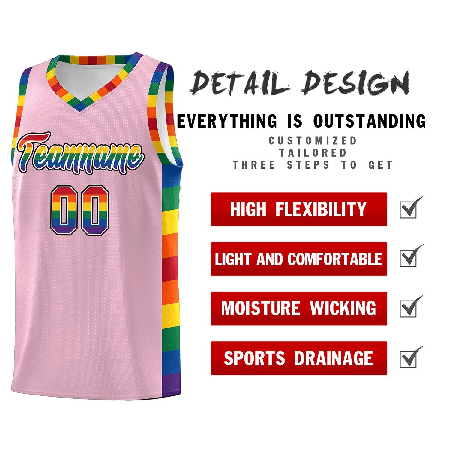 Custom Light Pink LGBT Rainbow For Pride Month Sports Uniform Basketball Jersey