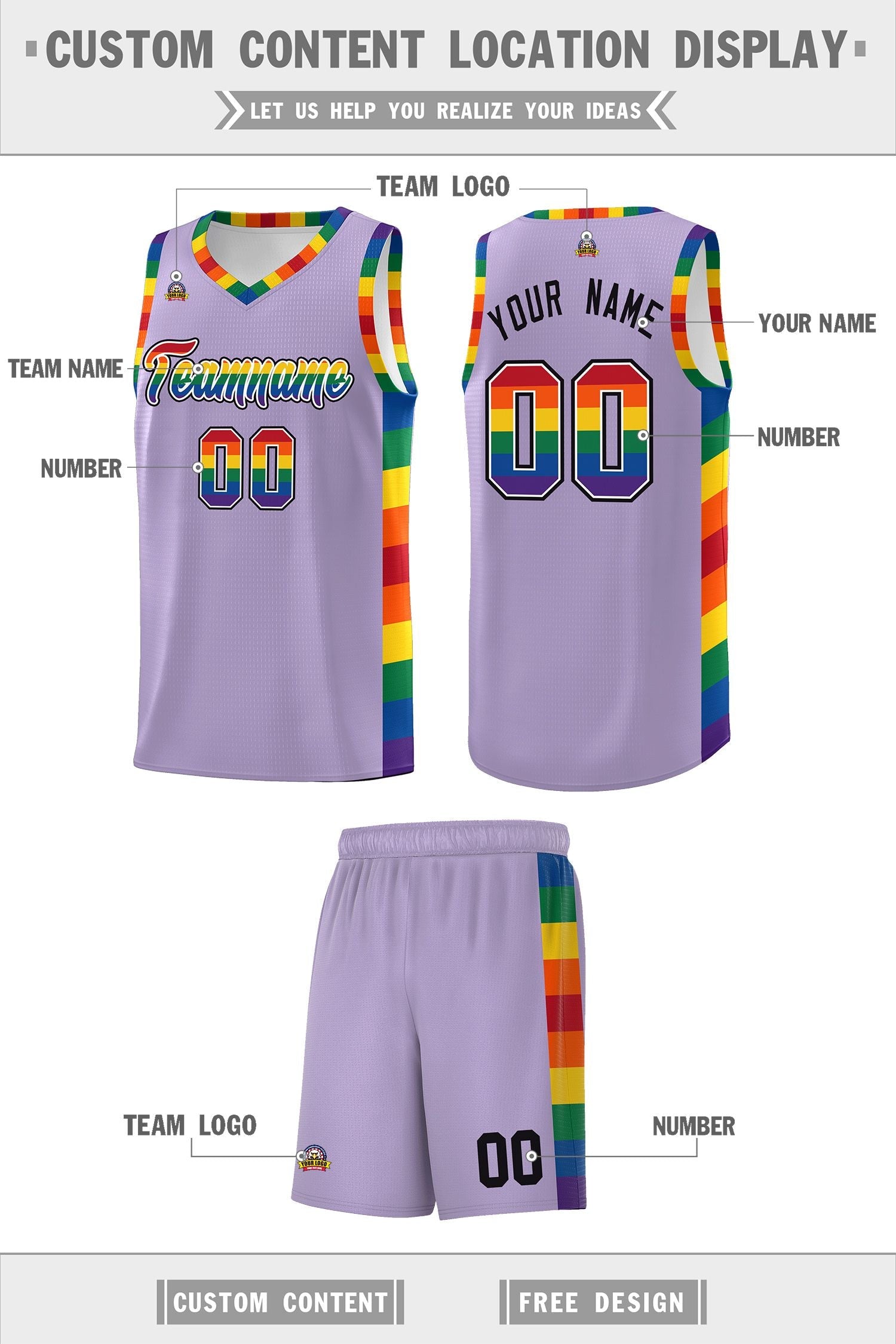 Custom Light Purple LGBT Rainbow For Pride Month Sports Uniform Basketball Jersey