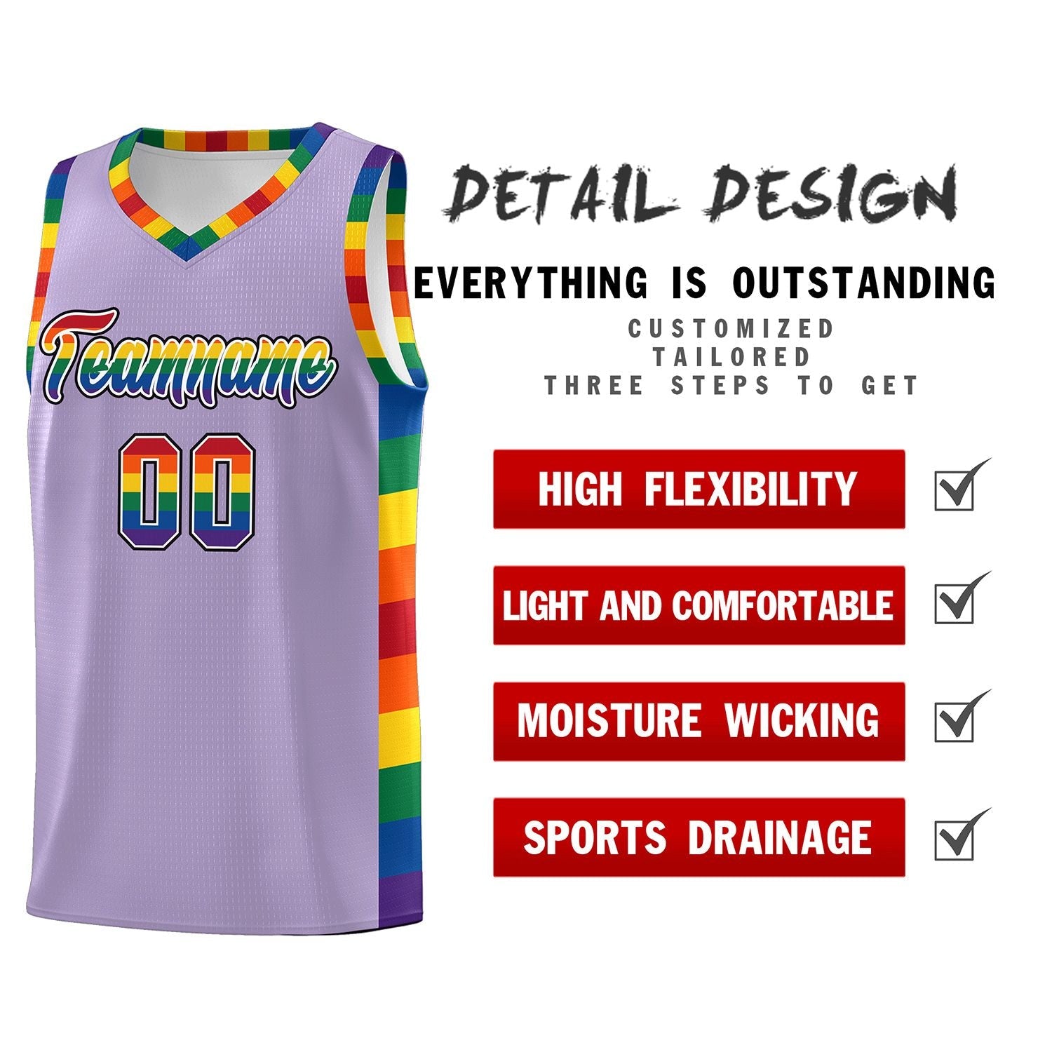 Custom Light Purple LGBT Rainbow For Pride Month Sports Uniform Basketball Jersey