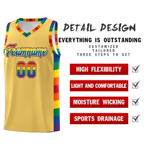 Custom Old Gold LGBT Rainbow For Pride Month Sports Uniform Basketball Jersey