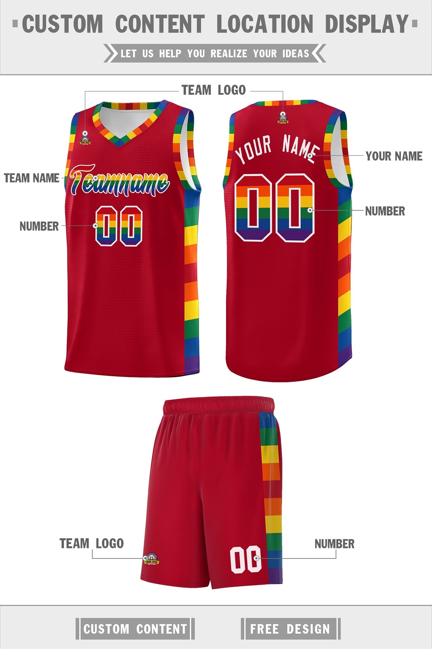 Custom Red LGBT Rainbow For Pride Month Sports Uniform Basketball Jersey