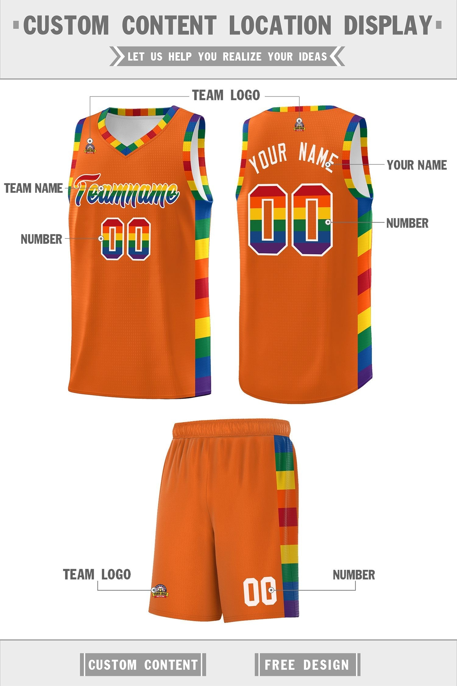 Custom Orange LGBT Rainbow For Pride Month Sports Uniform Basketball Jersey