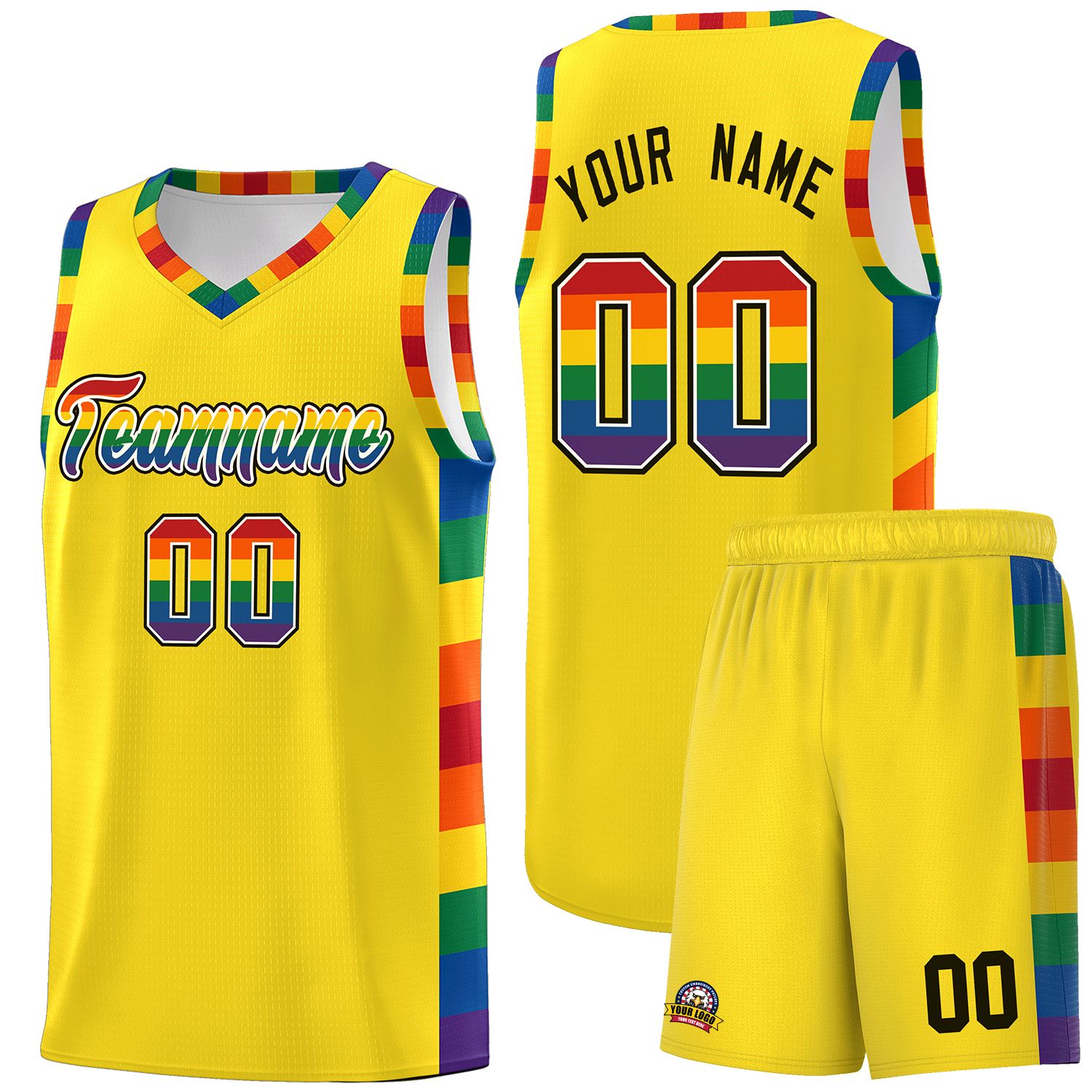 Custom Yellow LGBT Rainbow For Pride Month Sports Uniform Basketball Jersey