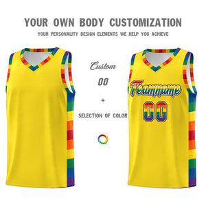 Custom Yellow LGBT Rainbow For Pride Month Sports Uniform Basketball Jersey