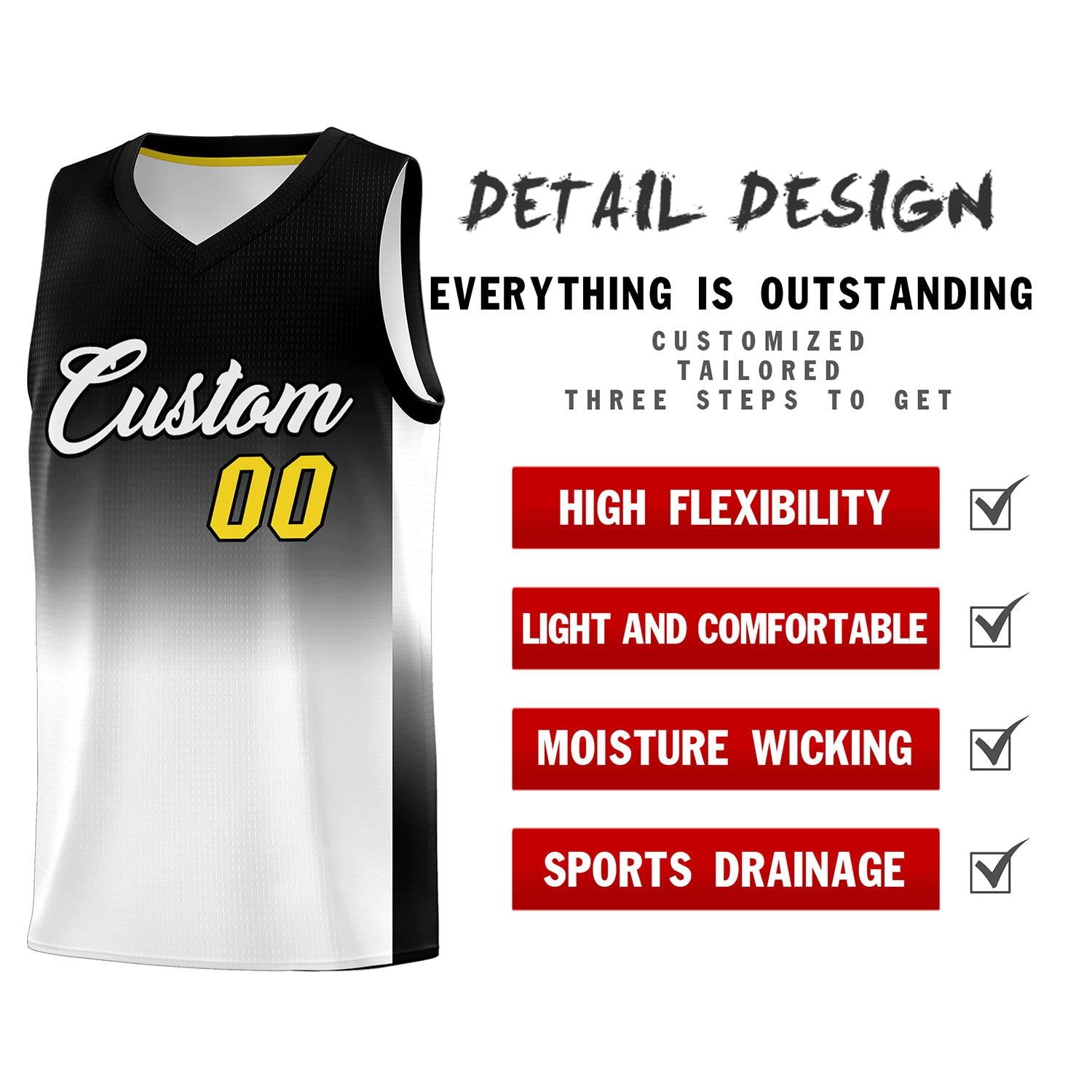 Custom Black White Gradient Fashion Sets Sports Uniform Basketball Jersey