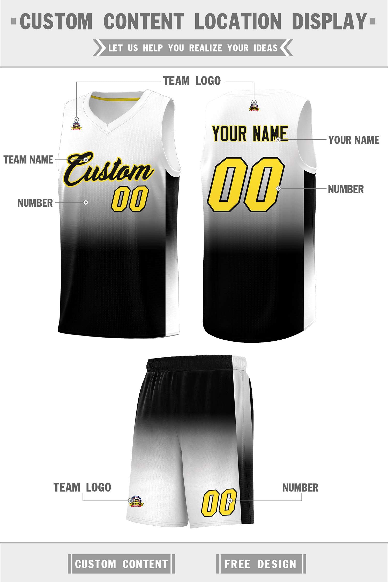 Custom White Black Gradient Fashion Sets Sports Uniform Basketball Jersey