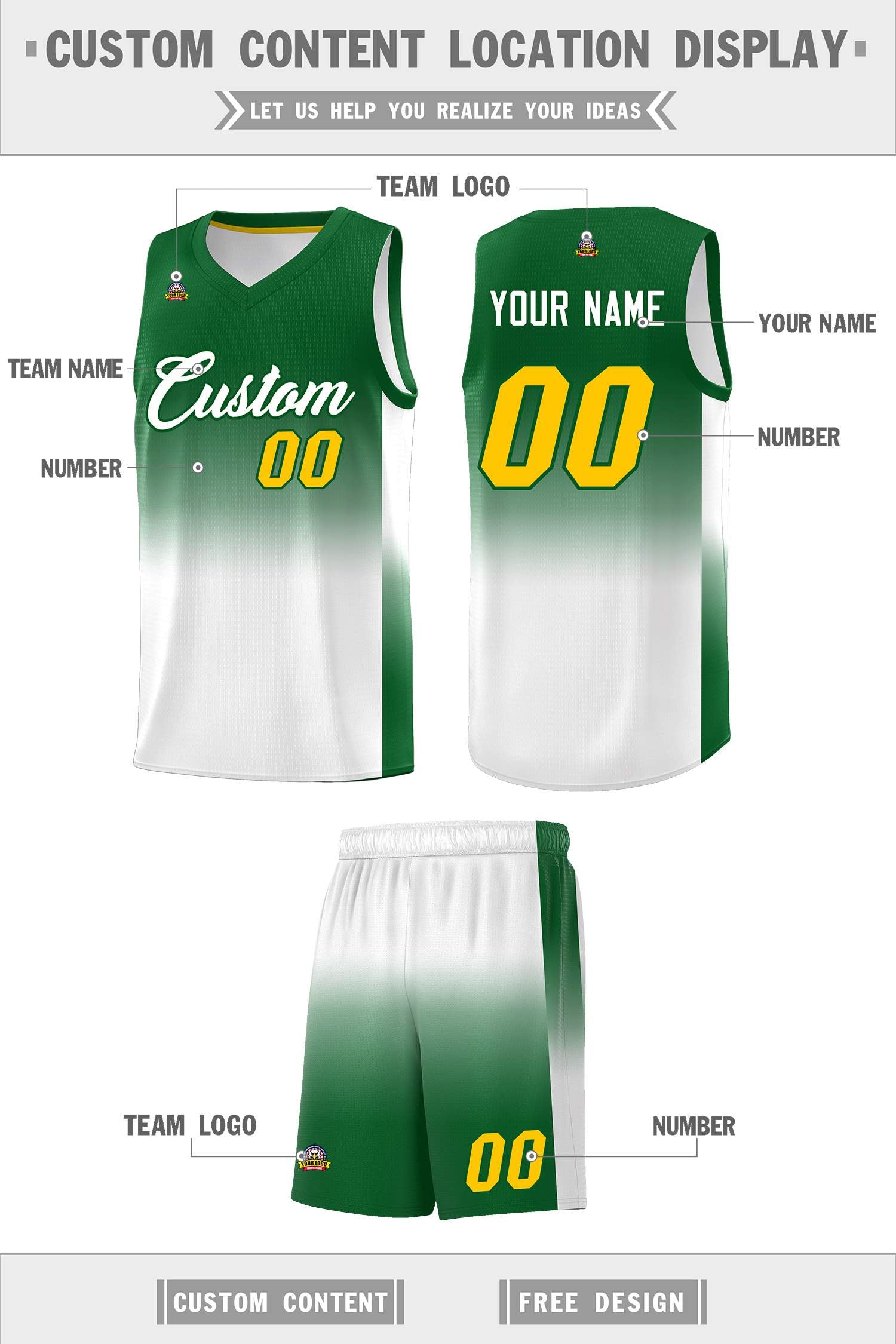 Custom Kelly Green White Gradient Fashion Sets Sports Uniform Basketball Jersey