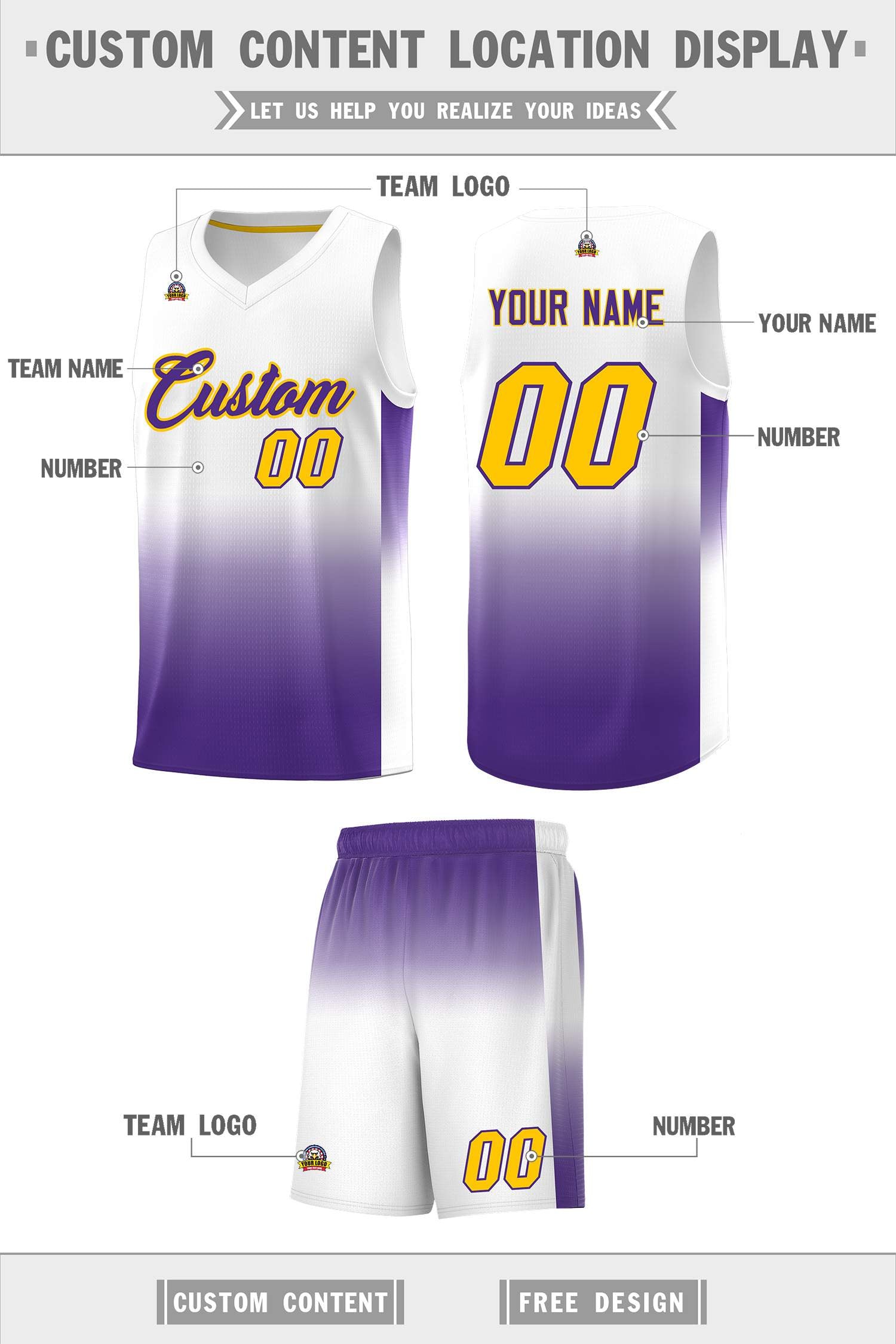 Custom White Purple Gradient Fashion Sets Sports Uniform Basketball Jersey