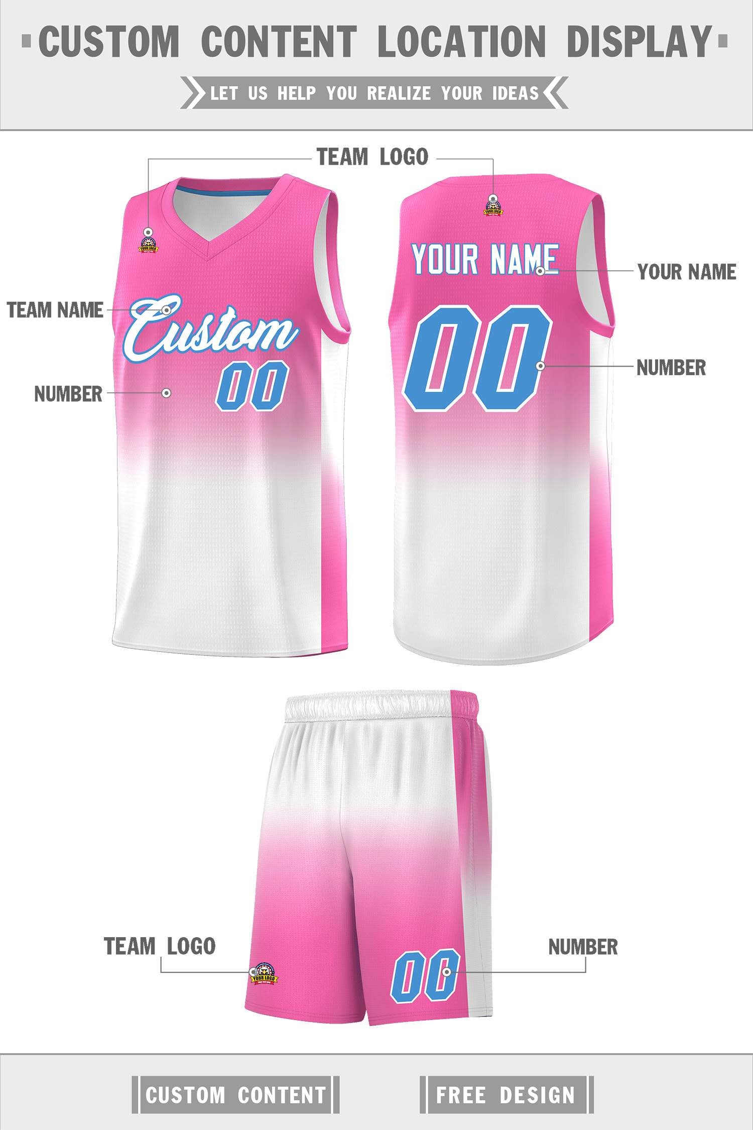 Custom Pink White Gradient Fashion Sets Sports Uniform Basketball Jersey