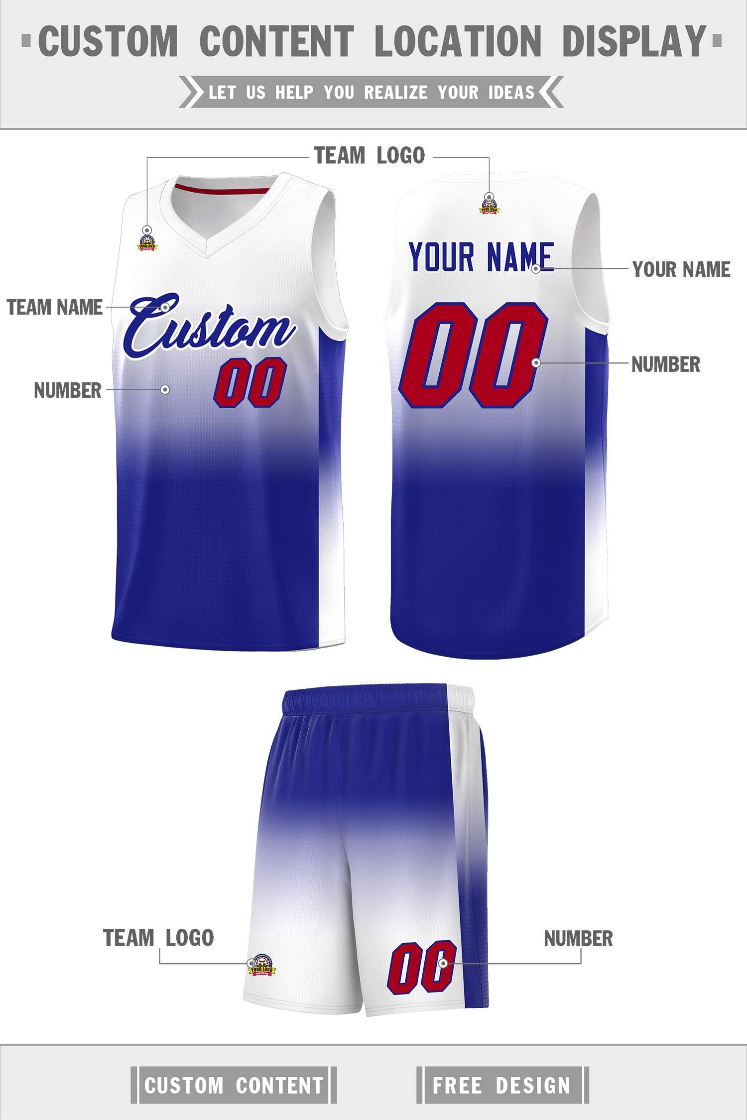 Custom White Royal Gradient Fashion Sets Sports Uniform Basketball Jersey