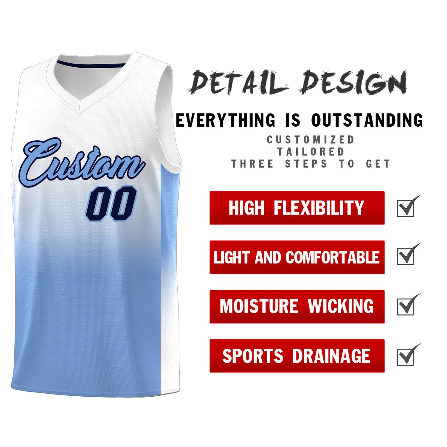 Custom White Light Blue Gradient Fashion Sets Sports Uniform Basketball Jersey