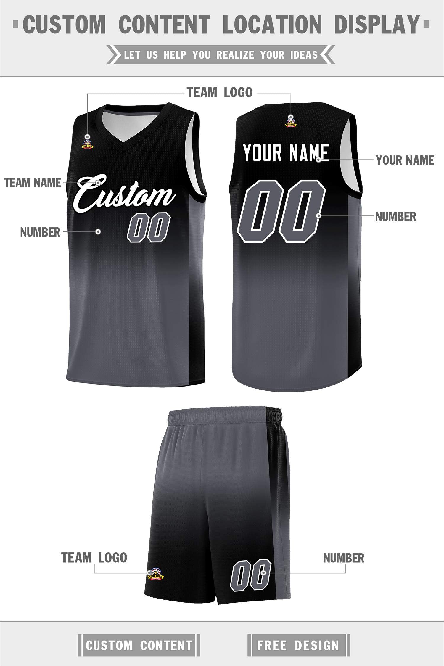 Custom Black Dark Gray Gradient Fashion Sets Sports Uniform Basketball Jersey