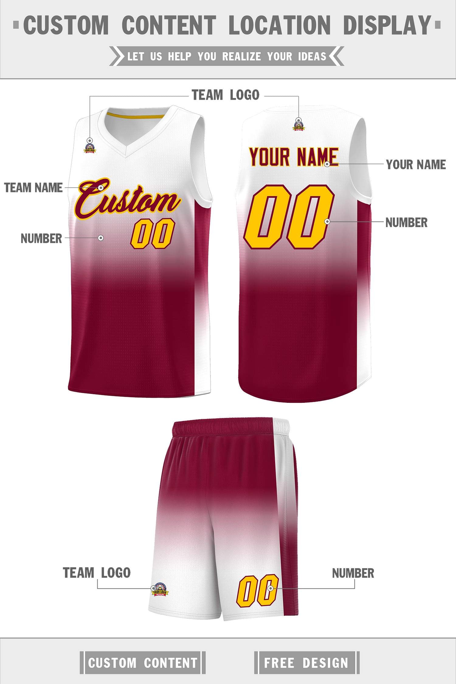 Custom White Crimson Gradient Fashion Sets Sports Uniform Basketball Jersey