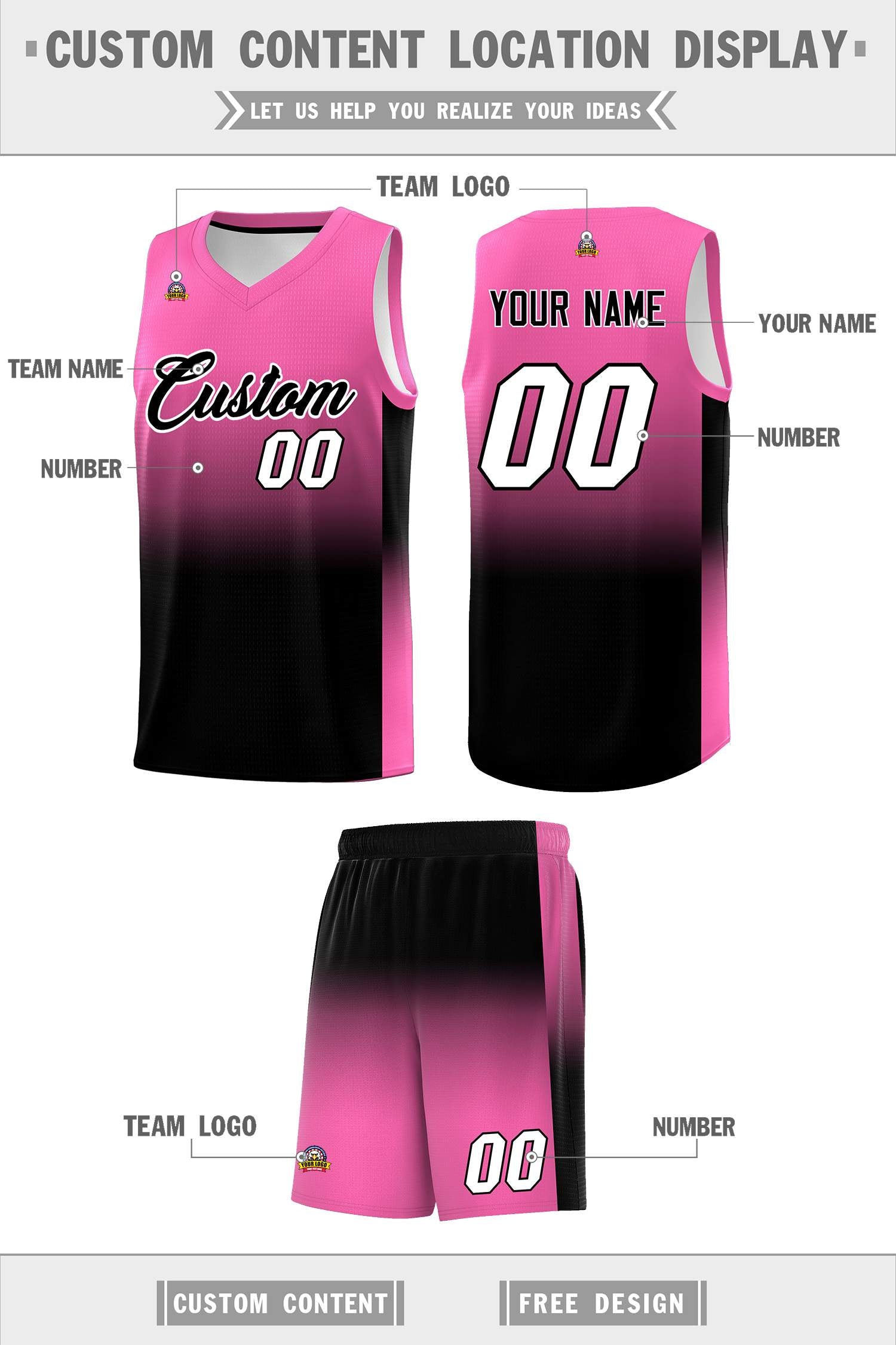 Custom Pink Black Gradient Fashion Sets Sports Uniform Basketball Jersey