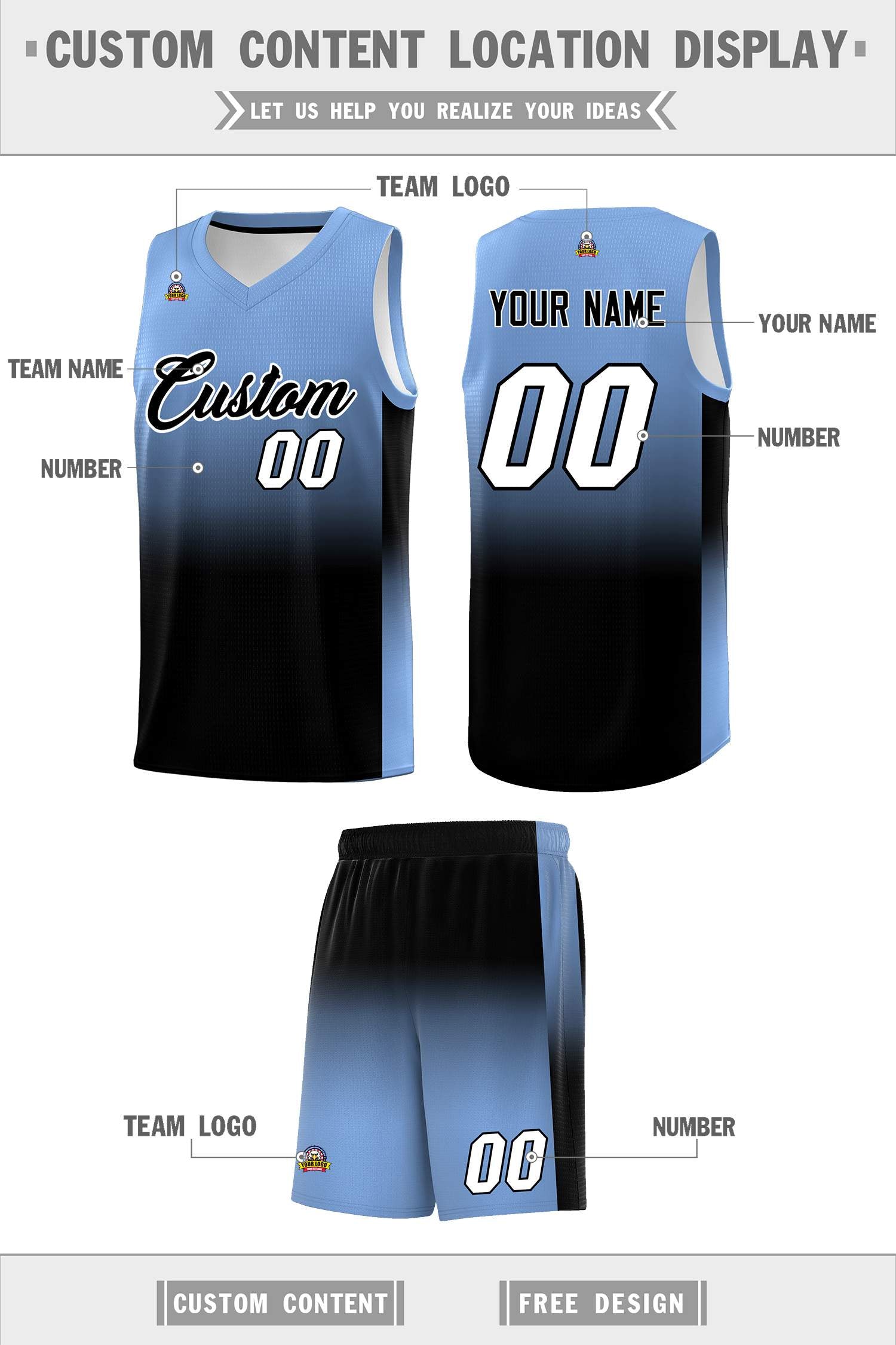 Custom Light Blue Black Gradient Fashion Sets Sports Uniform Basketball Jersey