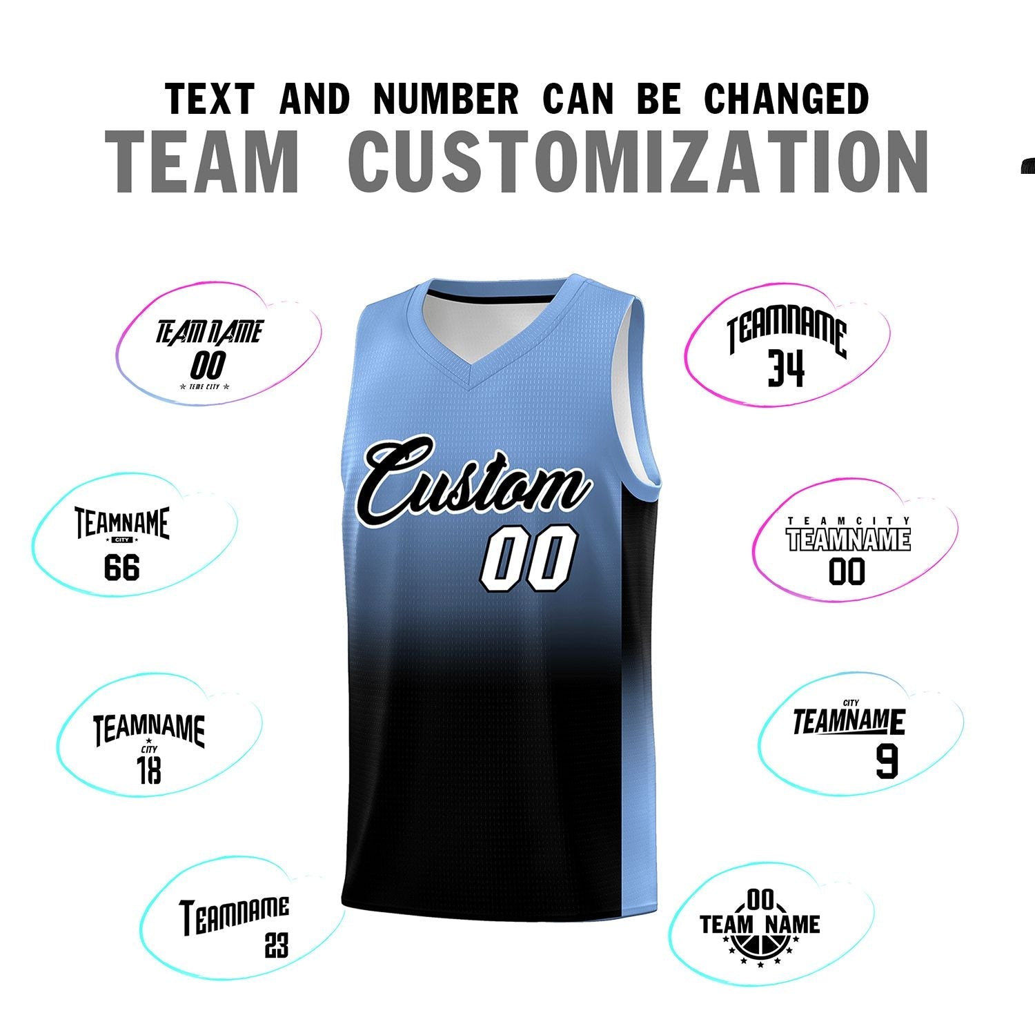 Custom Light Blue Black Gradient Fashion Sets Sports Uniform Basketball Jersey