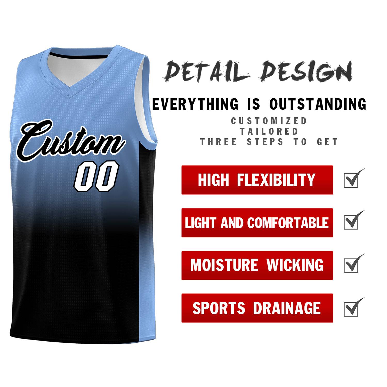 Custom Light Blue Black Gradient Fashion Sets Sports Uniform Basketball Jersey