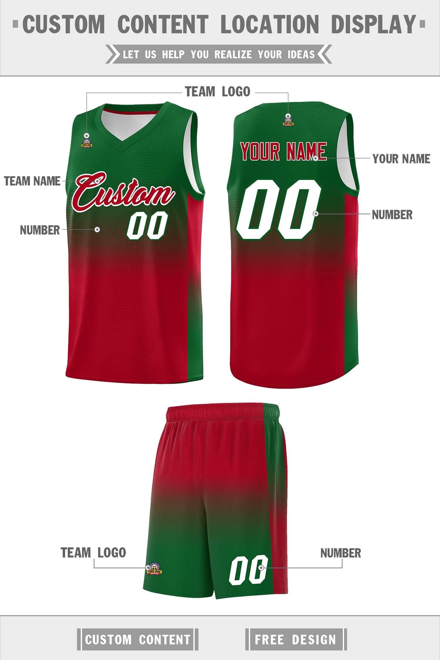 Custom Kelly Green Red Gradient Fashion Sets Sports Uniform Basketball Jersey