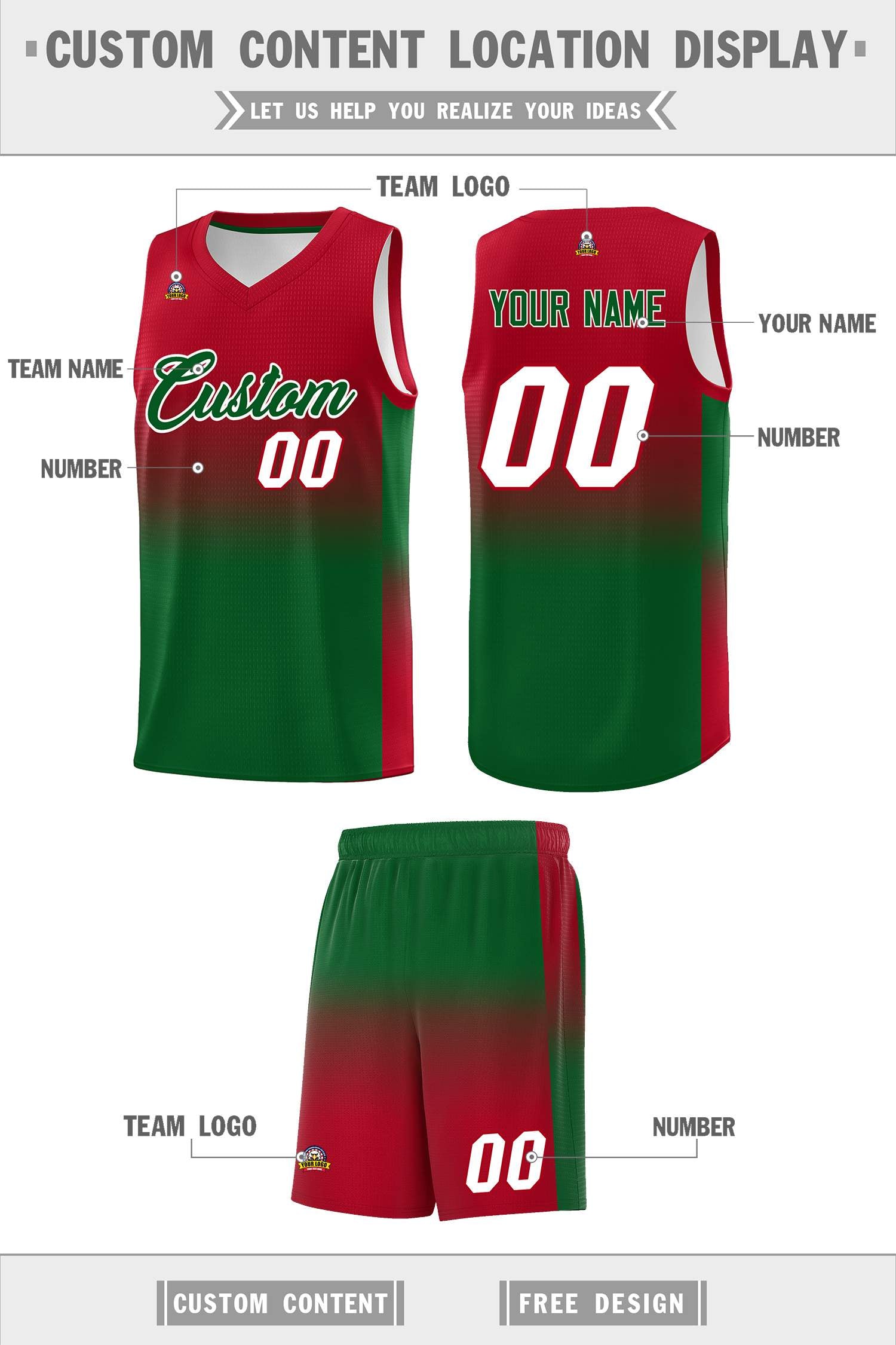 Custom Red Kelly Green Gradient Fashion Sets Sports Uniform Basketball Jersey