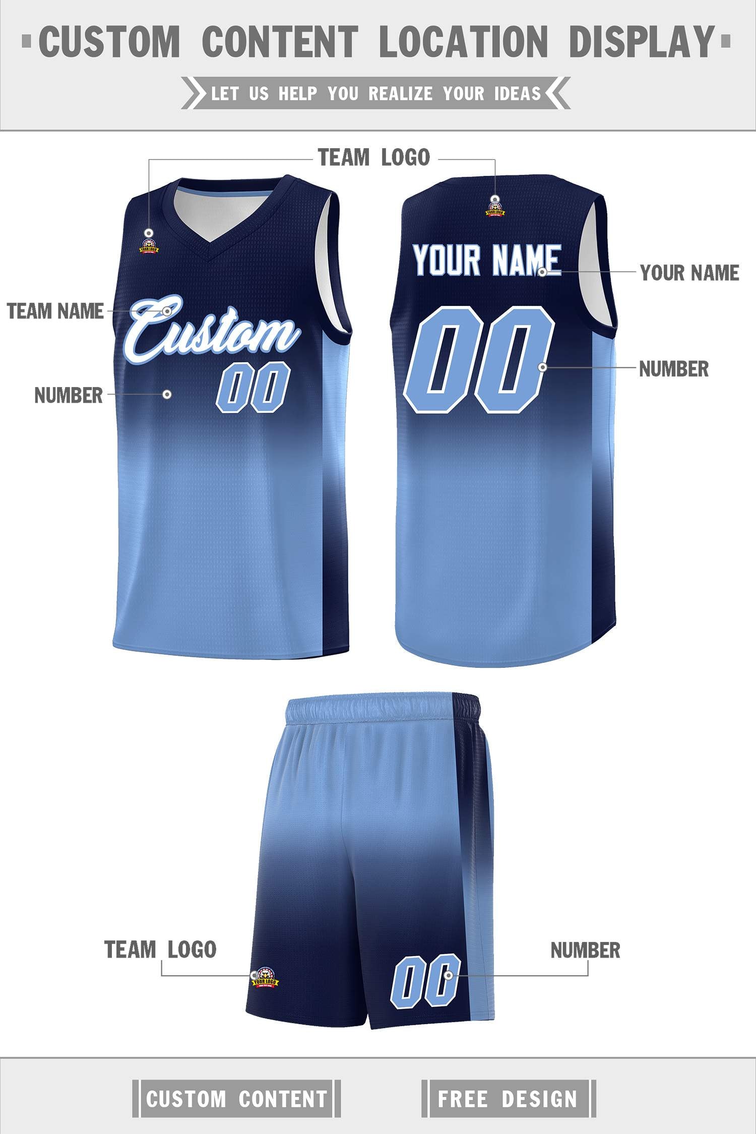 Custom Navy Light Blue Gradient Fashion Sets Sports Uniform Basketball Jersey