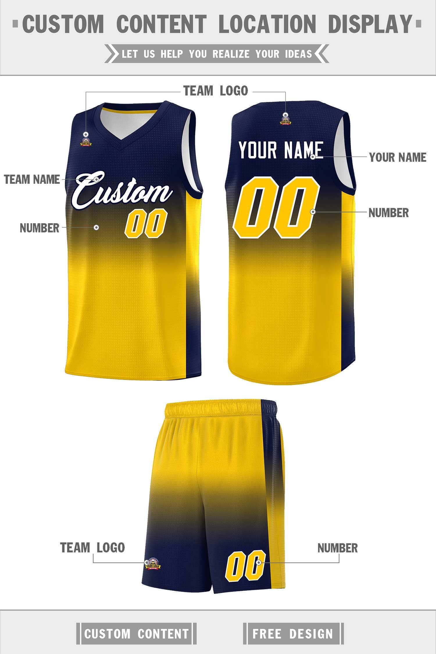 Custom Navy Gold Gradient Fashion Sets Sports Uniform Basketball Jersey