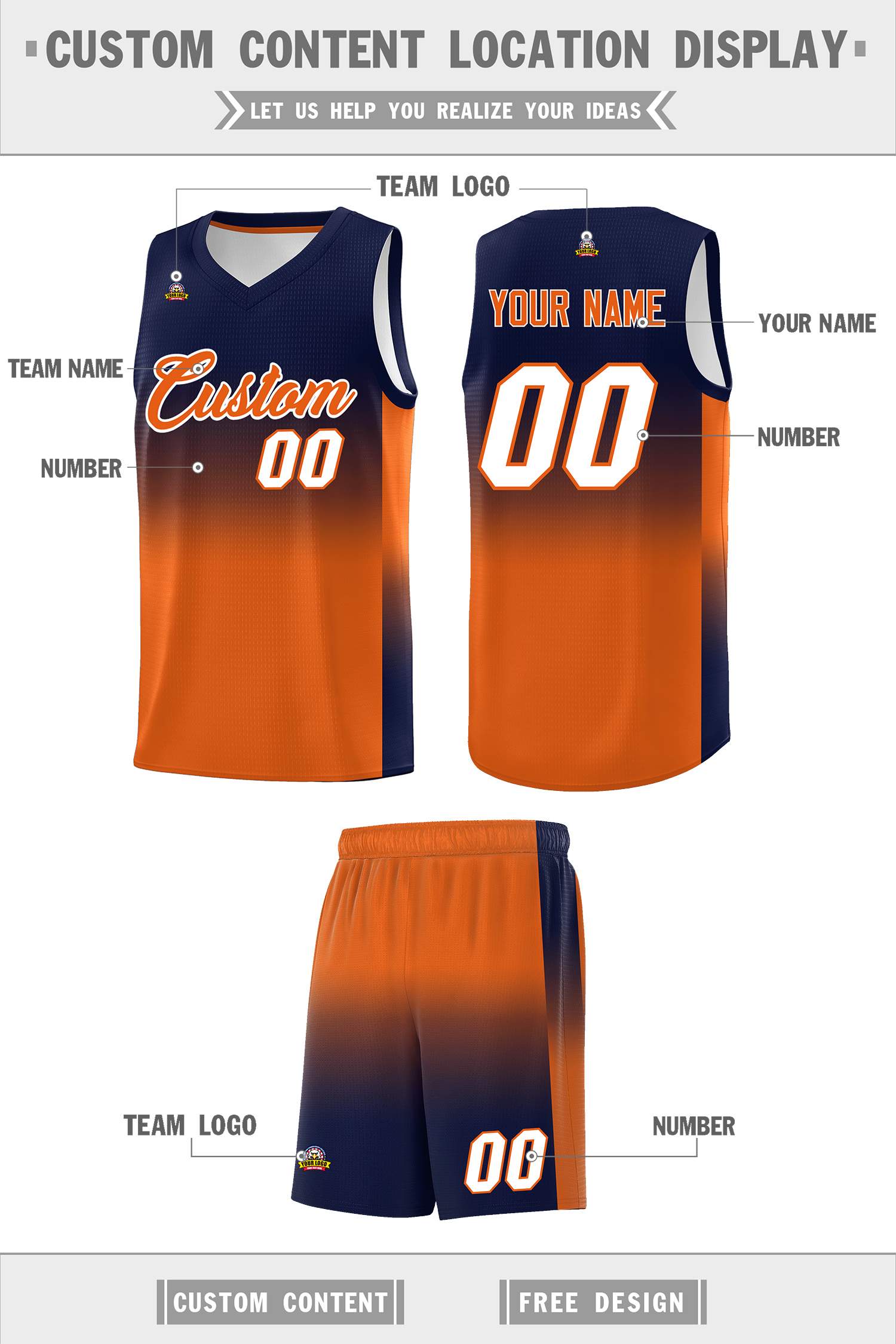 Custom Navy Orange Gradient Fashion Sets Sports Uniform Basketball Jersey