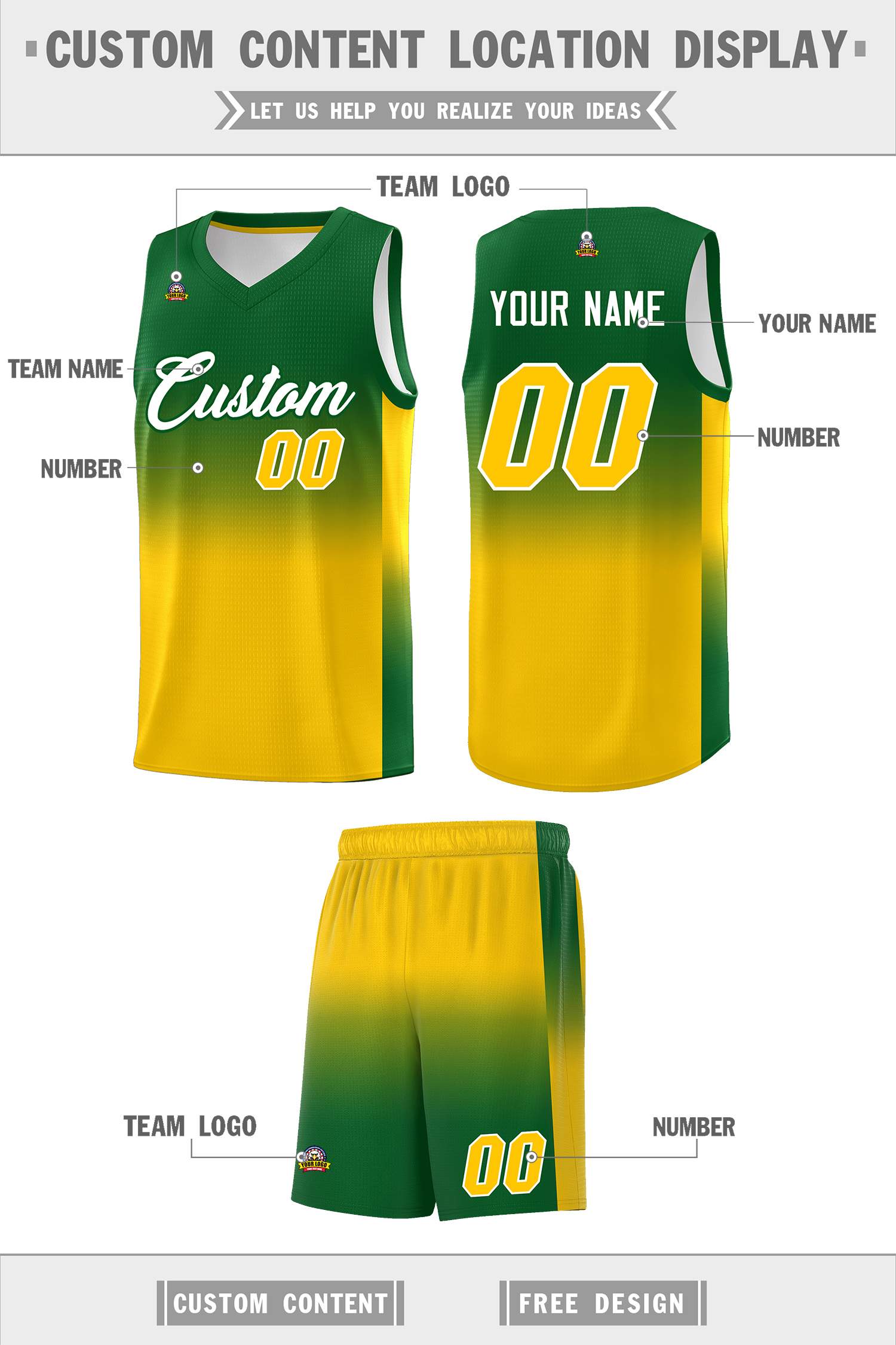 Custom Kelly Green Gold Gradient Fashion Sets Sports Uniform Basketball Jersey