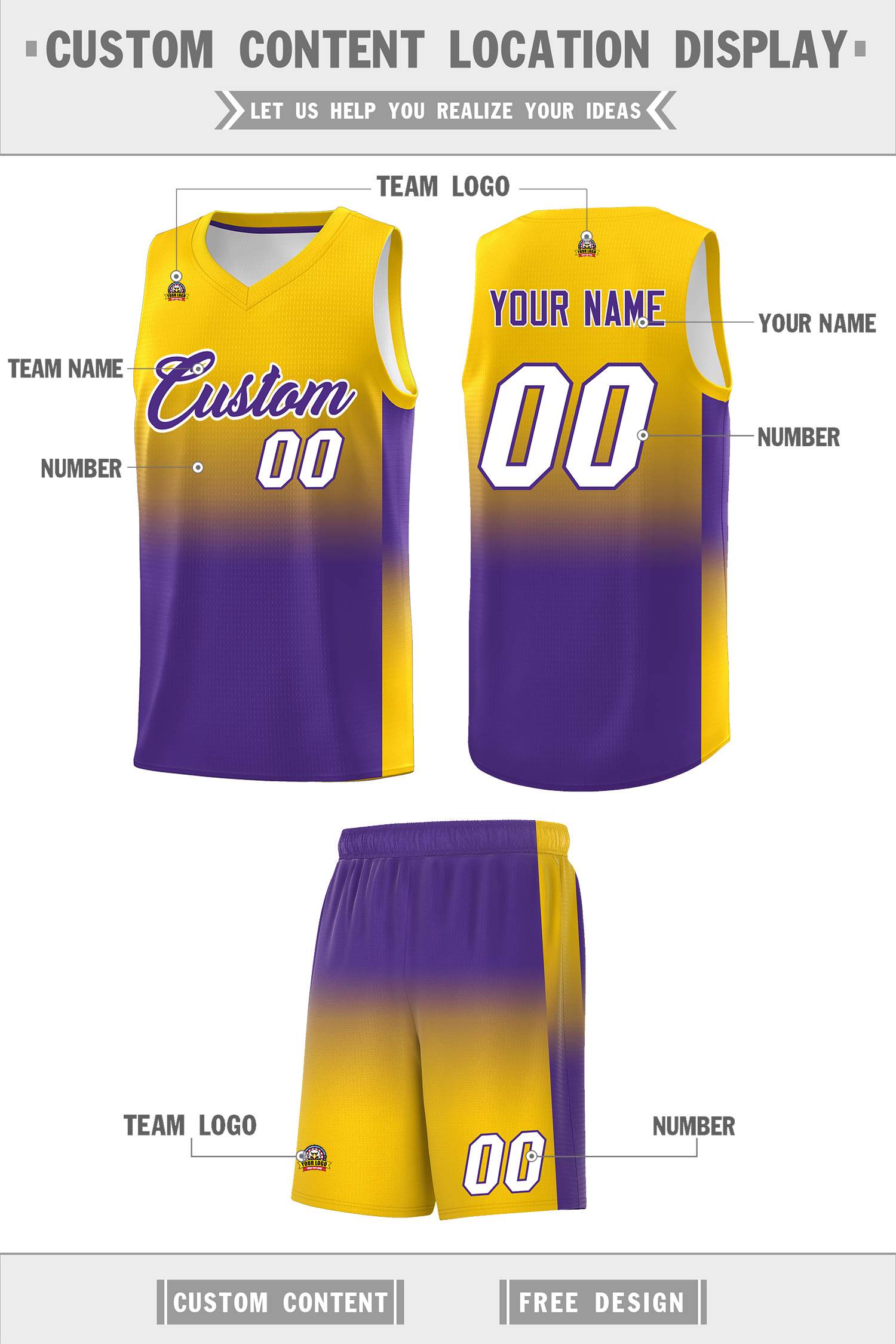 Custom Gold Purple Gradient Fashion Sets Sports Uniform Basketball Jersey