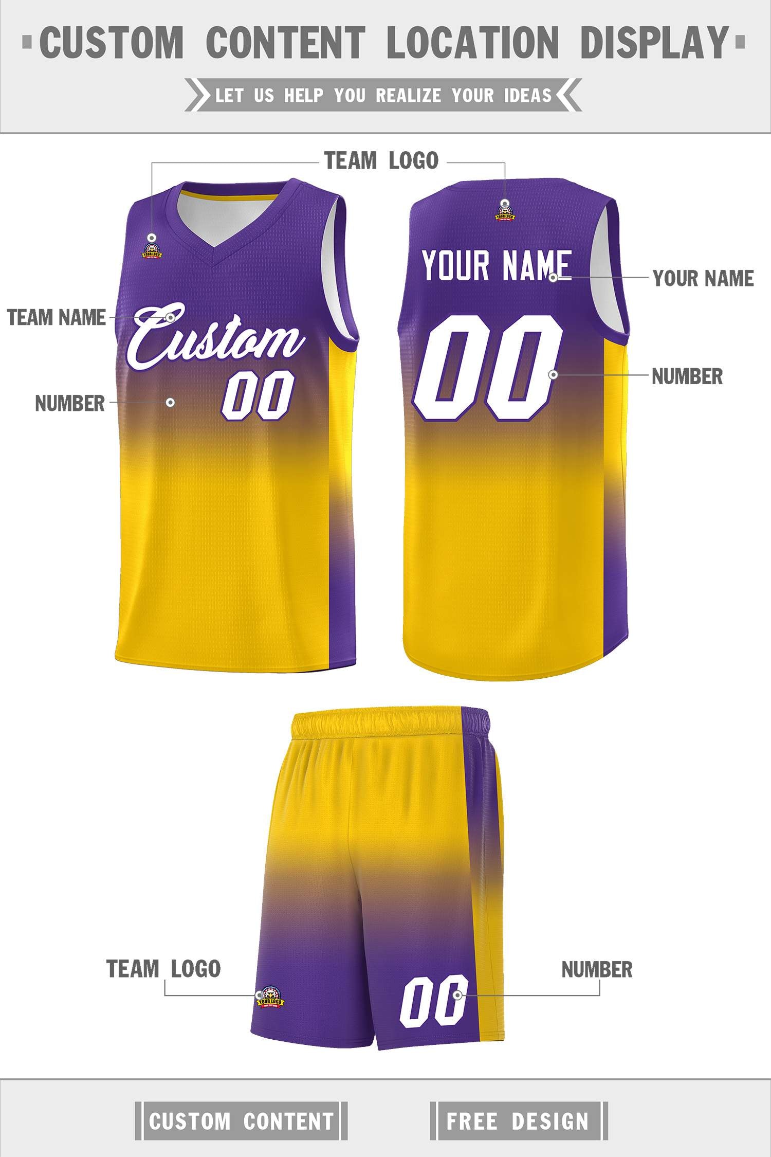 Custom Purple Gold Gradient Fashion Sets Sports Uniform Basketball Jersey