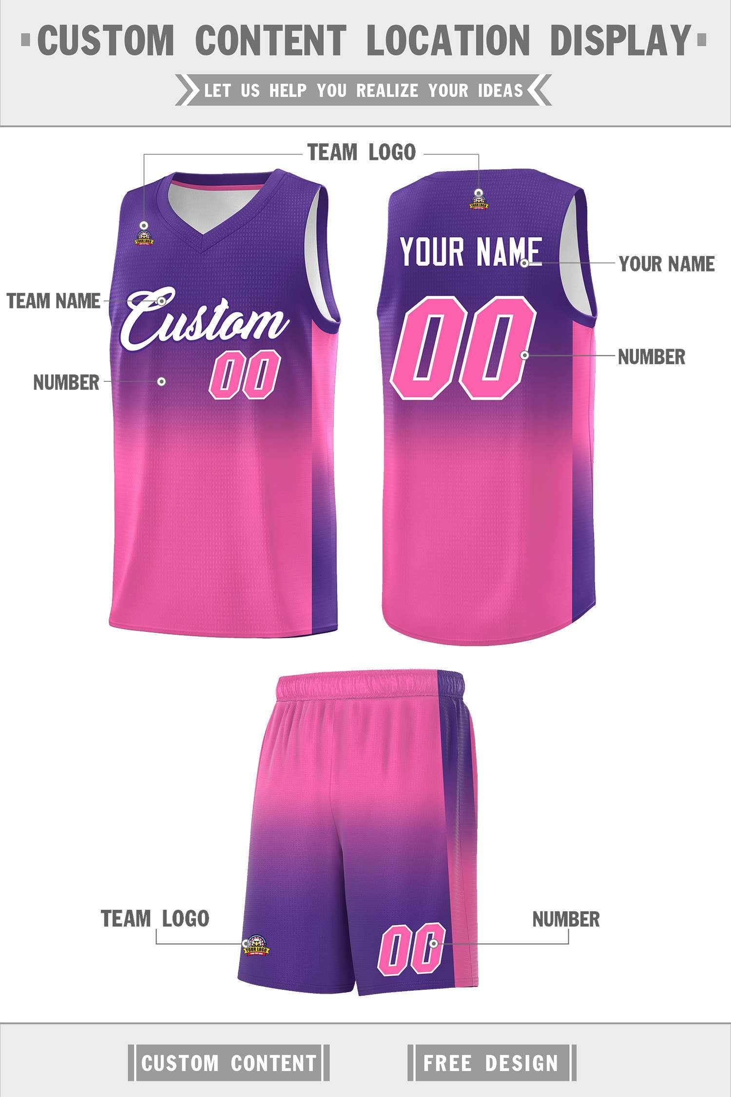 Custom Purple Pink Gradient Fashion Sets Sports Uniform Basketball Jersey