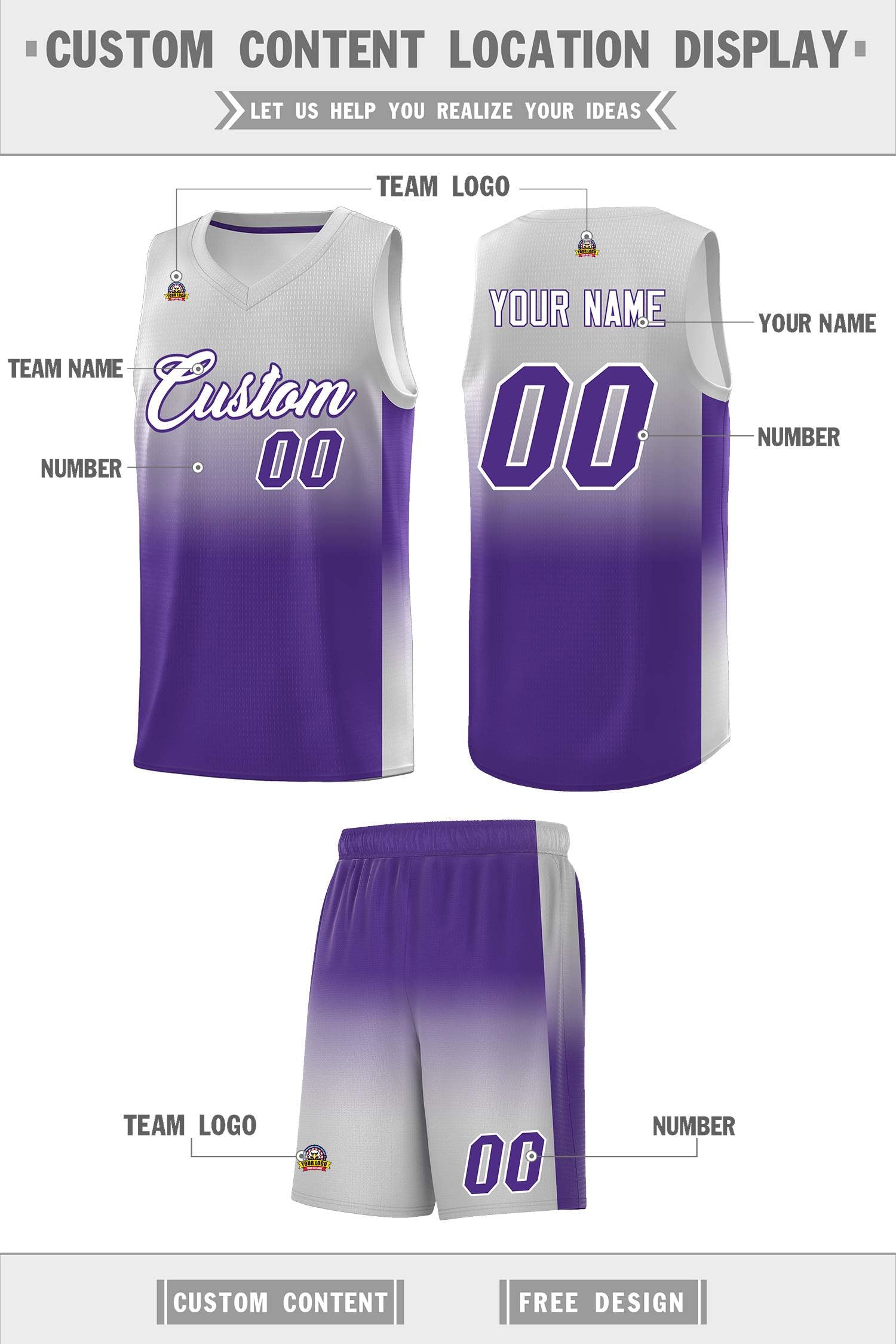 Custom Gray Purple Gradient Fashion Sets Sports Uniform Basketball Jersey