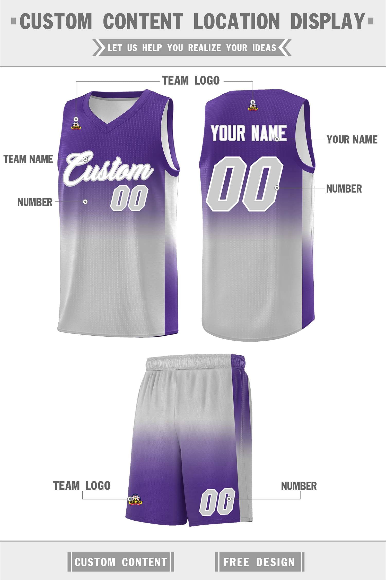 Custom Purple Gray Gradient Fashion Sets Sports Uniform Basketball Jersey