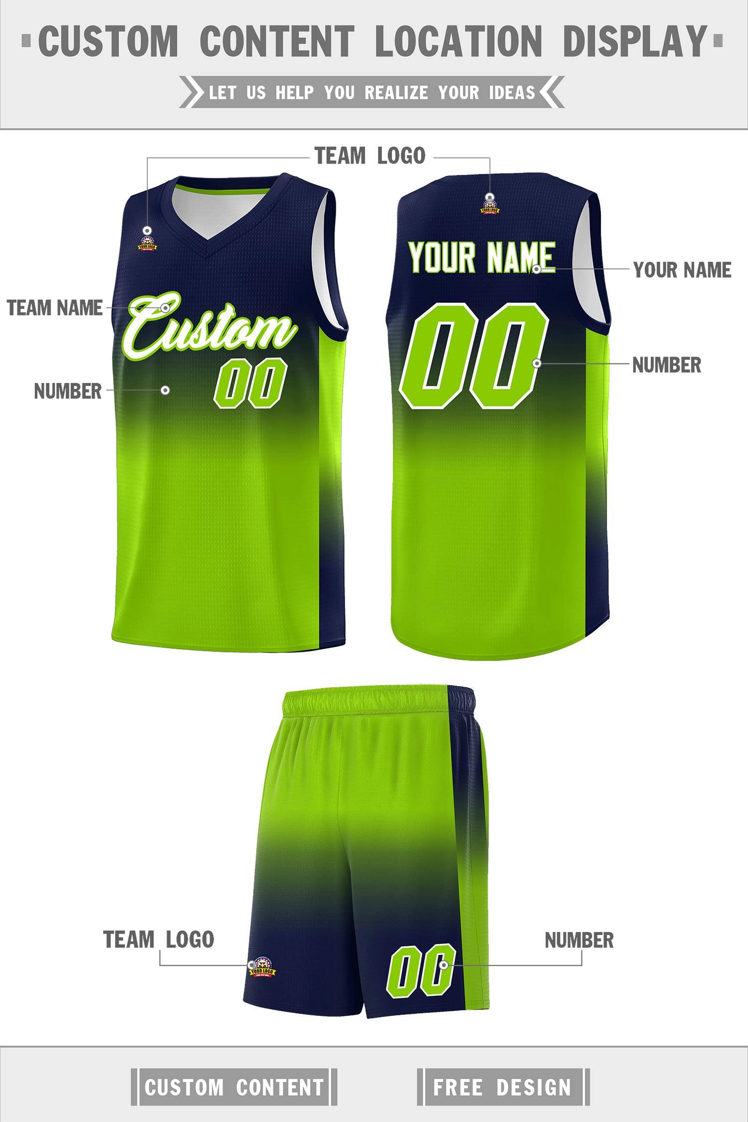 Custom Navy Neon Green Gradient Fashion Sets Sports Uniform Basketball Jersey