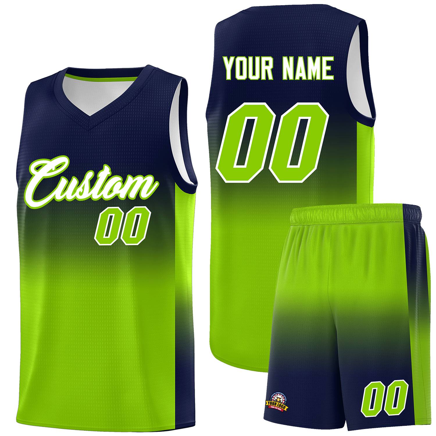 Custom Navy Neon Green Gradient Fashion Sets Sports Uniform Basketball Jersey