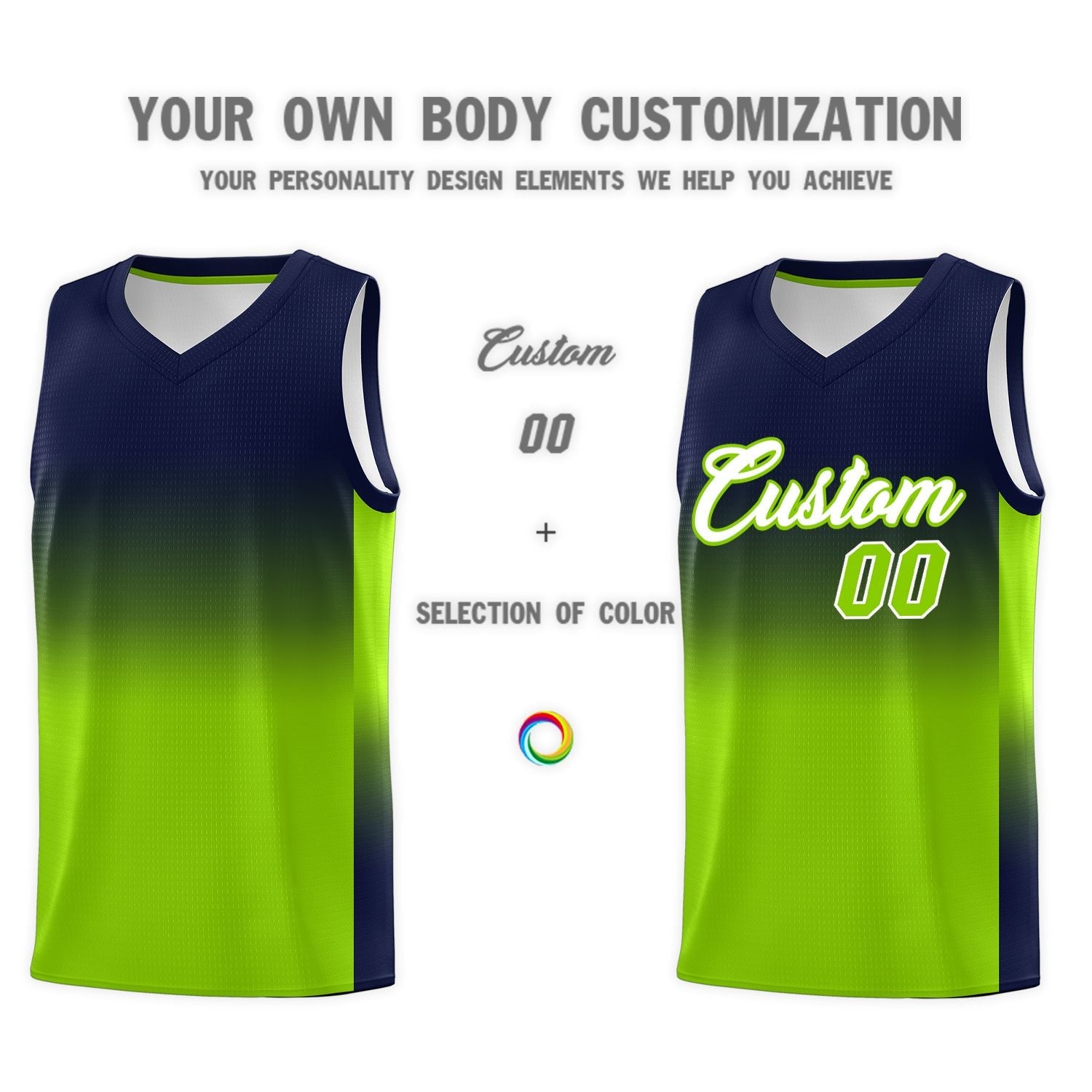 Custom Navy Neon Green Gradient Fashion Sets Sports Uniform Basketball Jersey